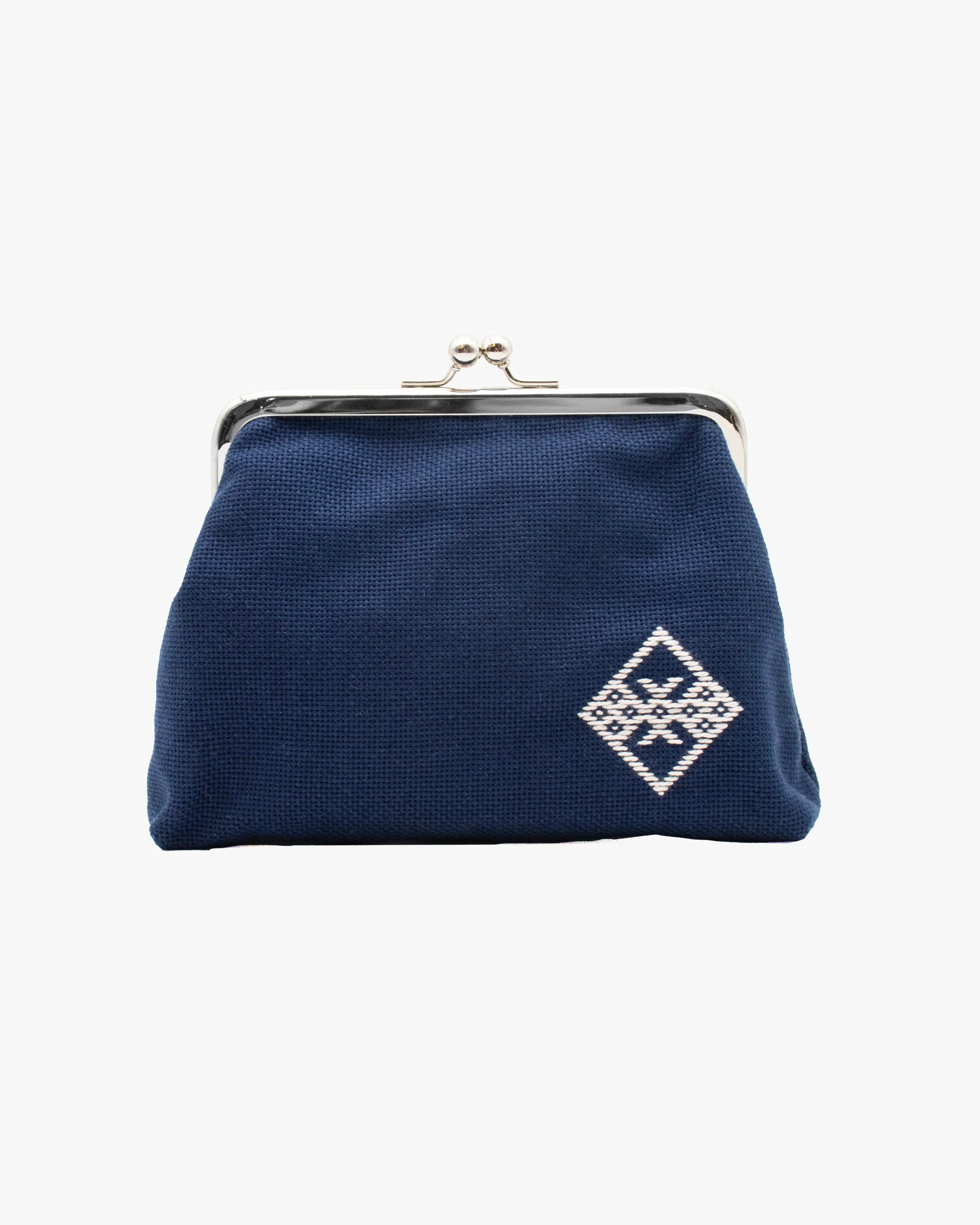 Kogin Sashiko Gamaguchi Pouch, Kind Offer, Navy with White - Image 2