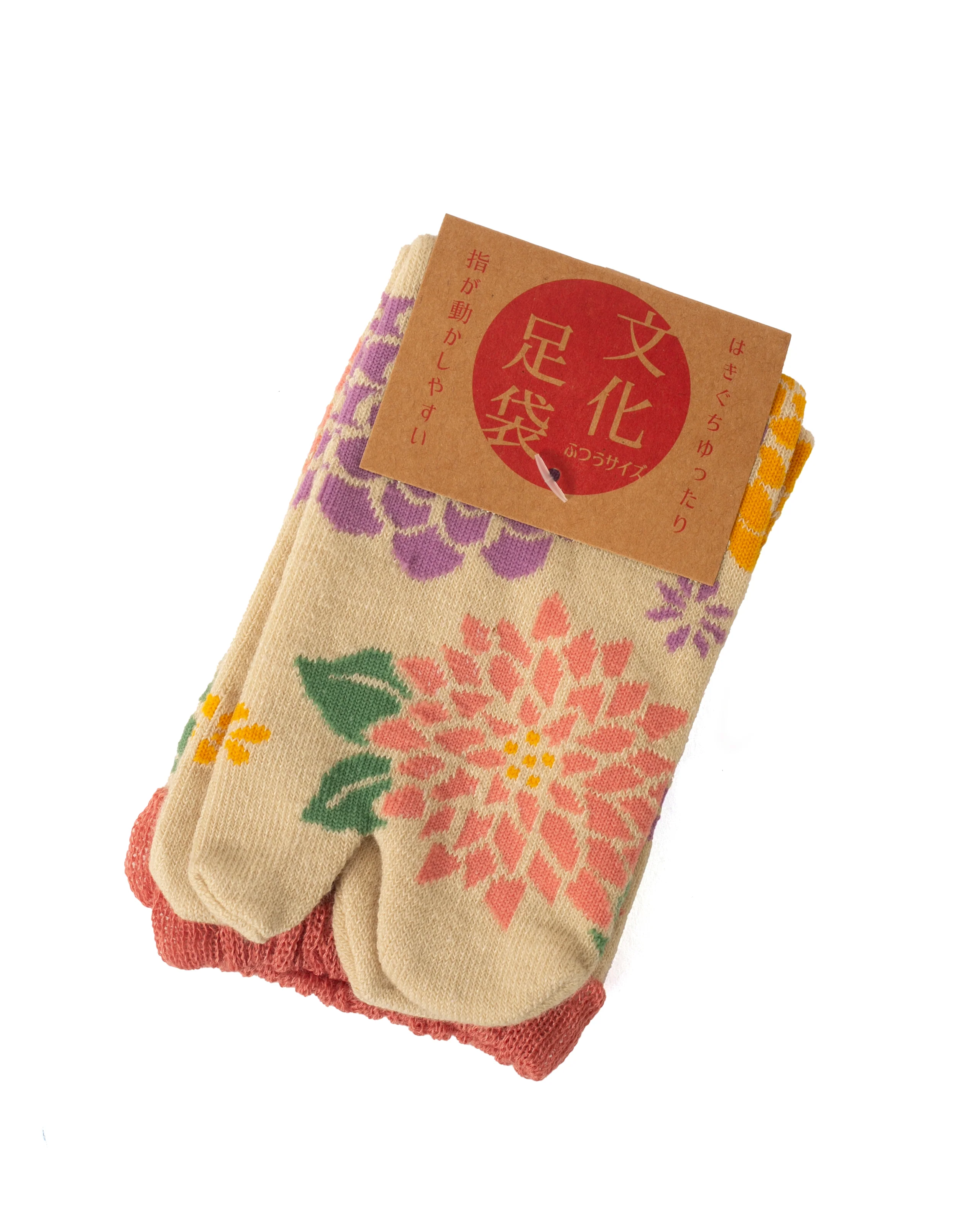 Kurochiku, Tabi Socks, Crew, Beige with Pink, Yellow and Purple Chrysanthemum - S/M - Image 4
