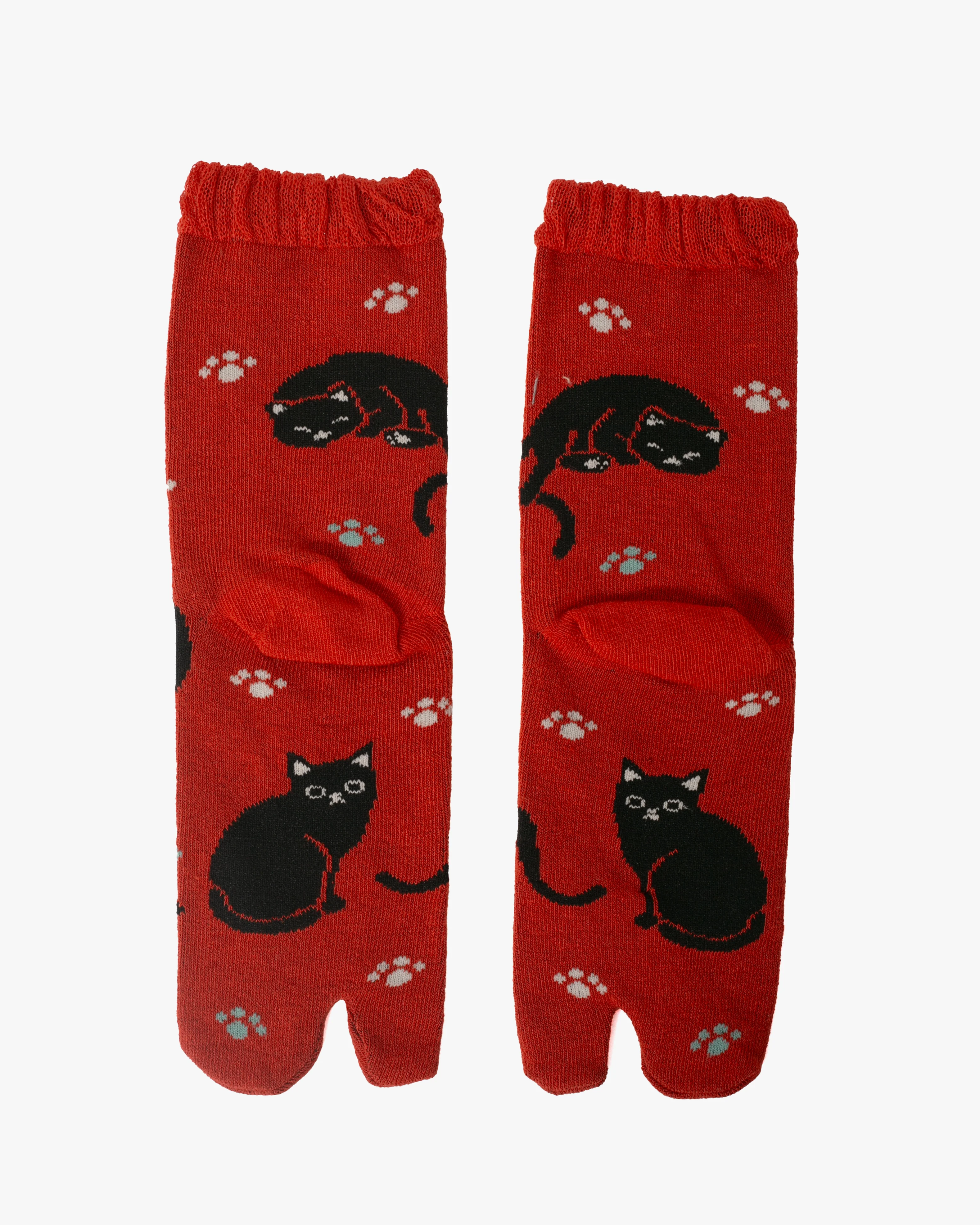 Kurochiku, Tabi Socks, Crew, Red with Black Cats and Paw Prints- S/M - Image 2