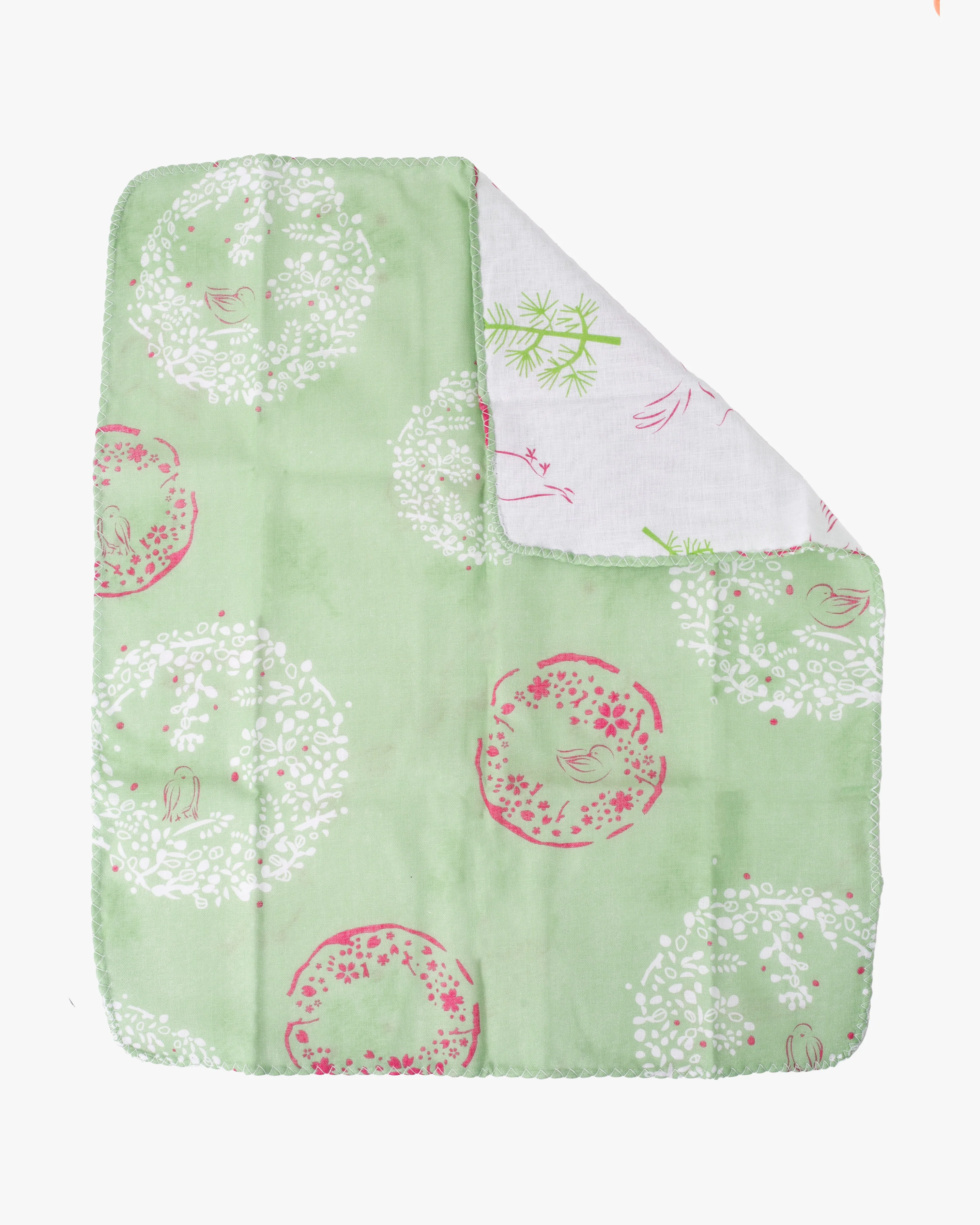 Kurochiku, Two-Sided Cotton Handkerchief, Green, White, and Pink with Birds - Image 4