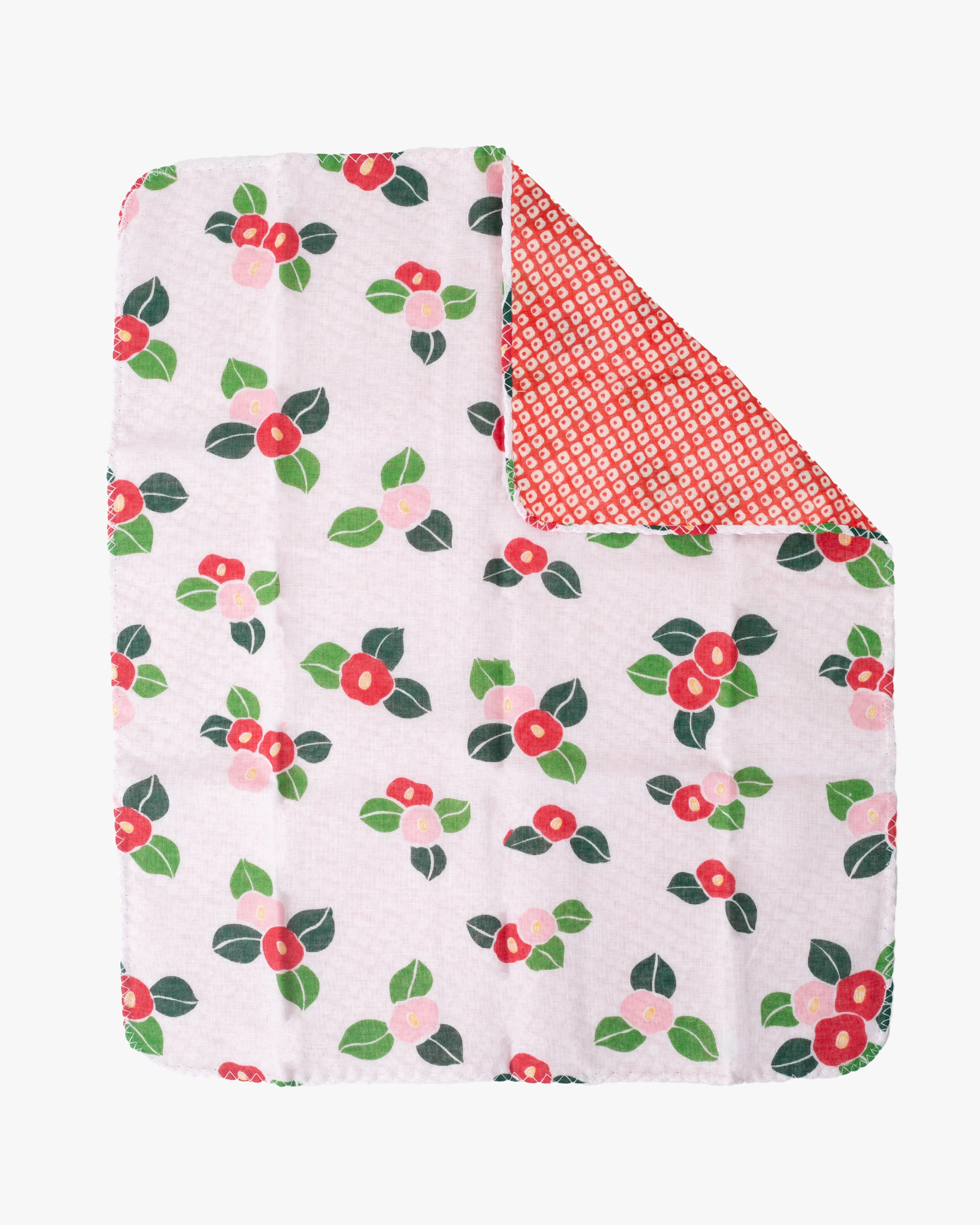 Kurochiku, Two-Sided Cotton Handkerchief, Red Shibori and White with Tsubaki - Image 4