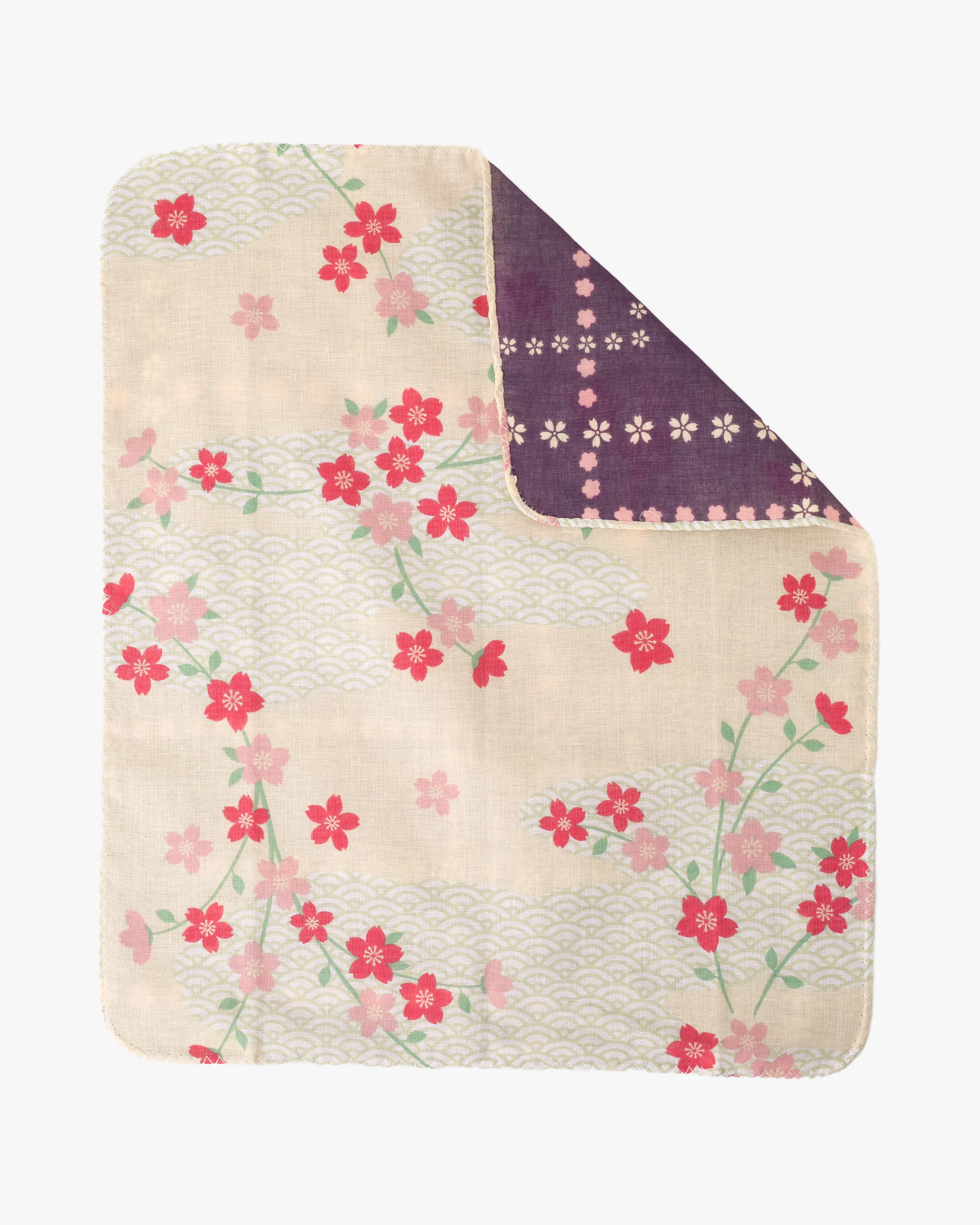 Kurochiku, Two-Sided Cotton Handkerchief, Purple and Pink Floral with Seigaiha - Image 4