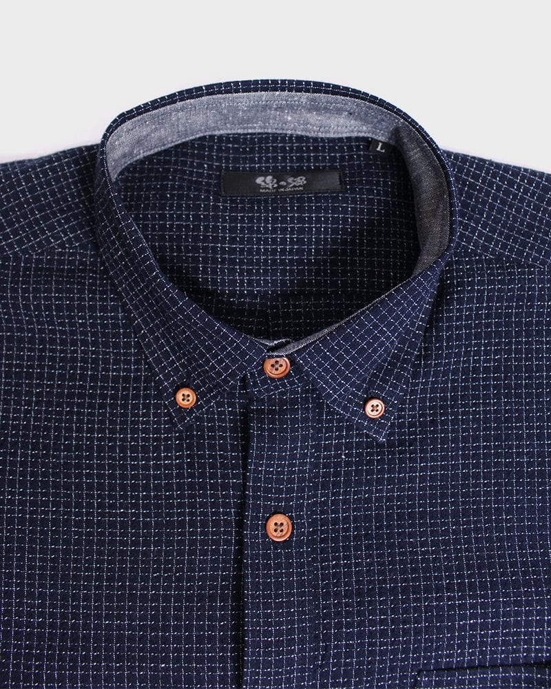 ToK Shirt, Long Sleeve Button-Up, Chijimi, Indigo with Small Grid - Image 2