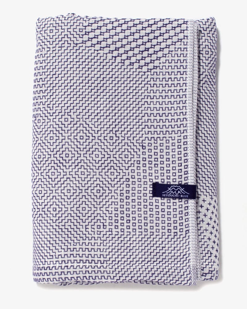 Maple & Moon Bath Towel, White with Blue Sashiko Stitching