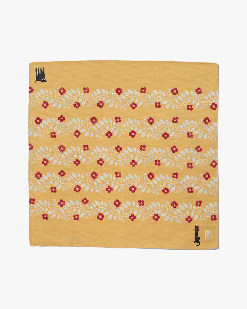 Modern Furoshiki, Musubi, Yumeji Takehisa, Yellow Cats and Vines, 19 x 19