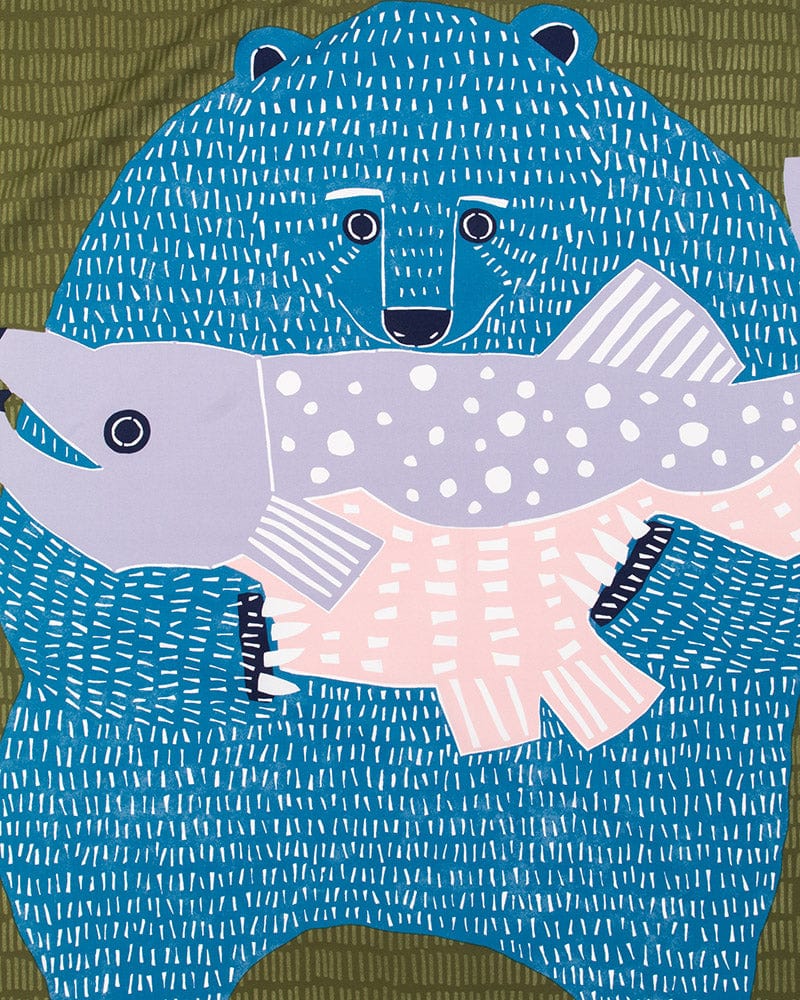 Modern Furoshiki, Musubi, Aquadrop, Water Repellent, Katakata, Bear and Salmon, Green - 39" x 39" - Image 3