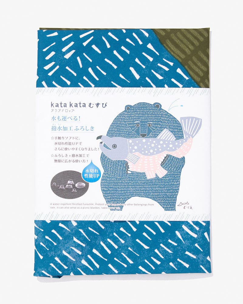 Modern Furoshiki, Musubi, Aquadrop, Water Repellent, Katakata, Bear and Salmon, Green - 39" x 39" - Image 5