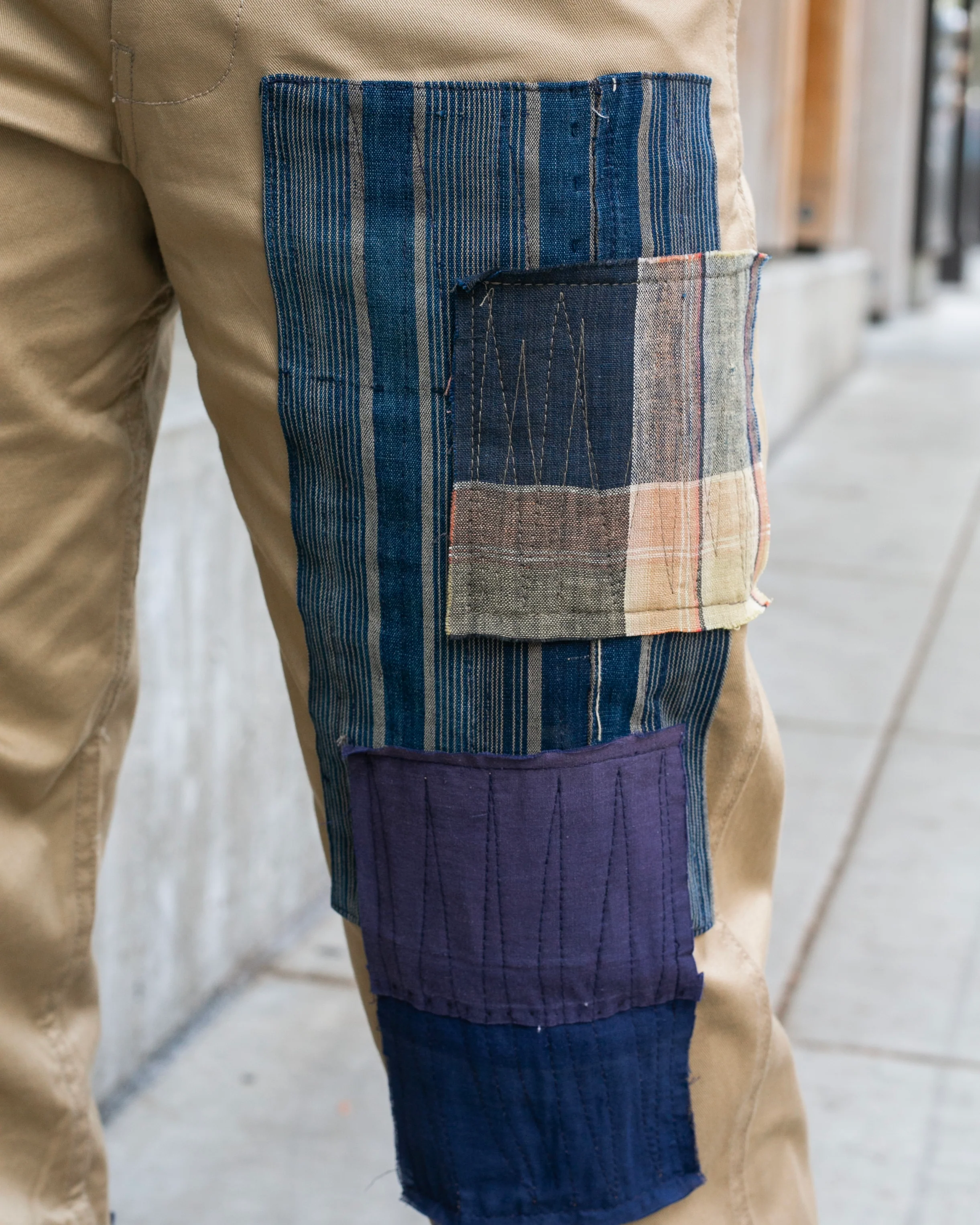Kiriko Original Patched Officer Trousers, 7.5 oz. Stretch Twill Chino - Khaki with Boro and Sashiko Patches - Image 2