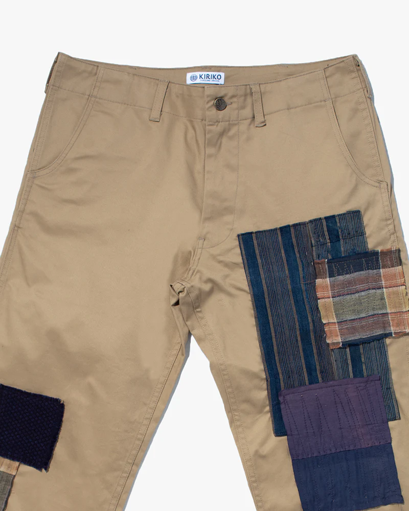Kiriko Original Patched Officer Trousers, 7.5 oz. Stretch Twill Chino - Khaki with Boro and Sashiko Patches - Image 9