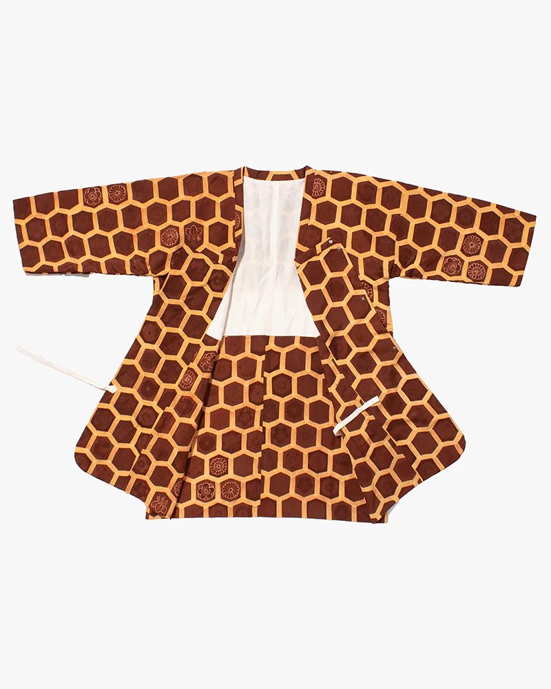 Kiriko Custom, Altered Kimono Jacket, Brown Honeycomb Pattern with Flowers - Image 3