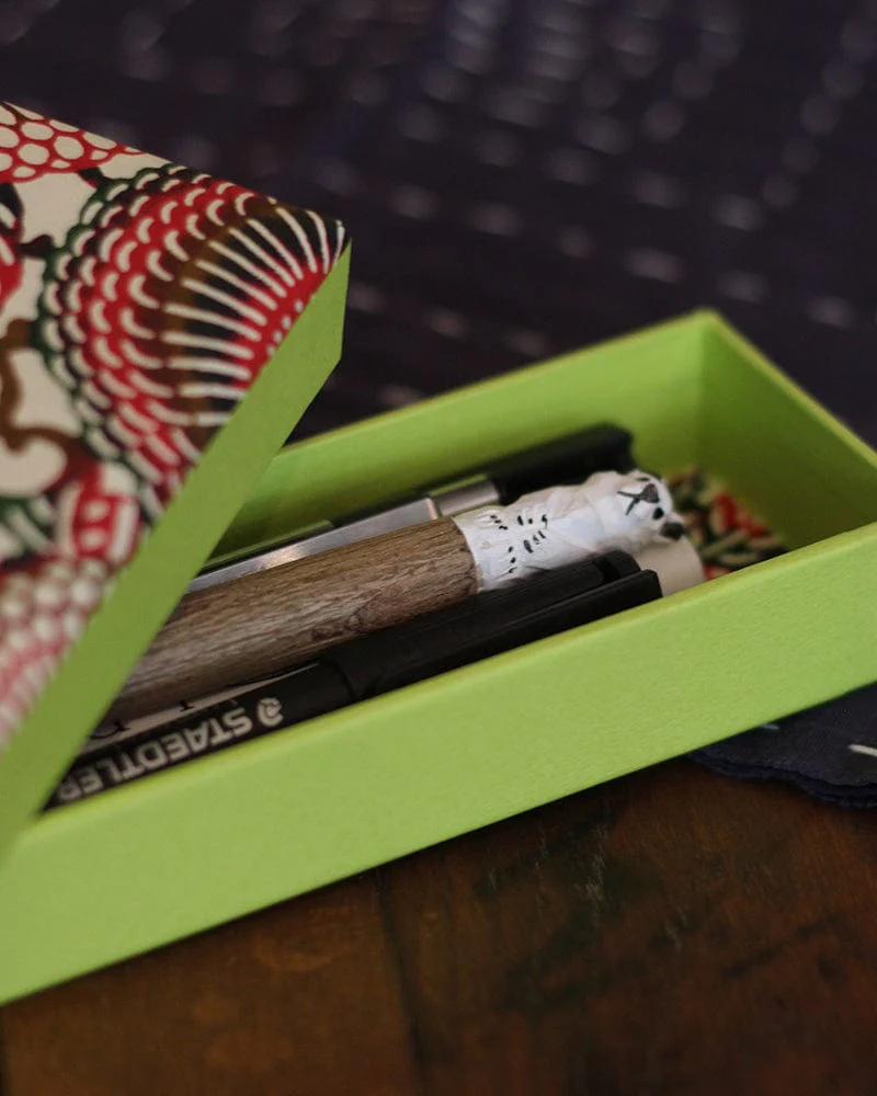 Shogado Pencil Box, Classic Series #12, Red and Green Katazome Kiku - Image 3