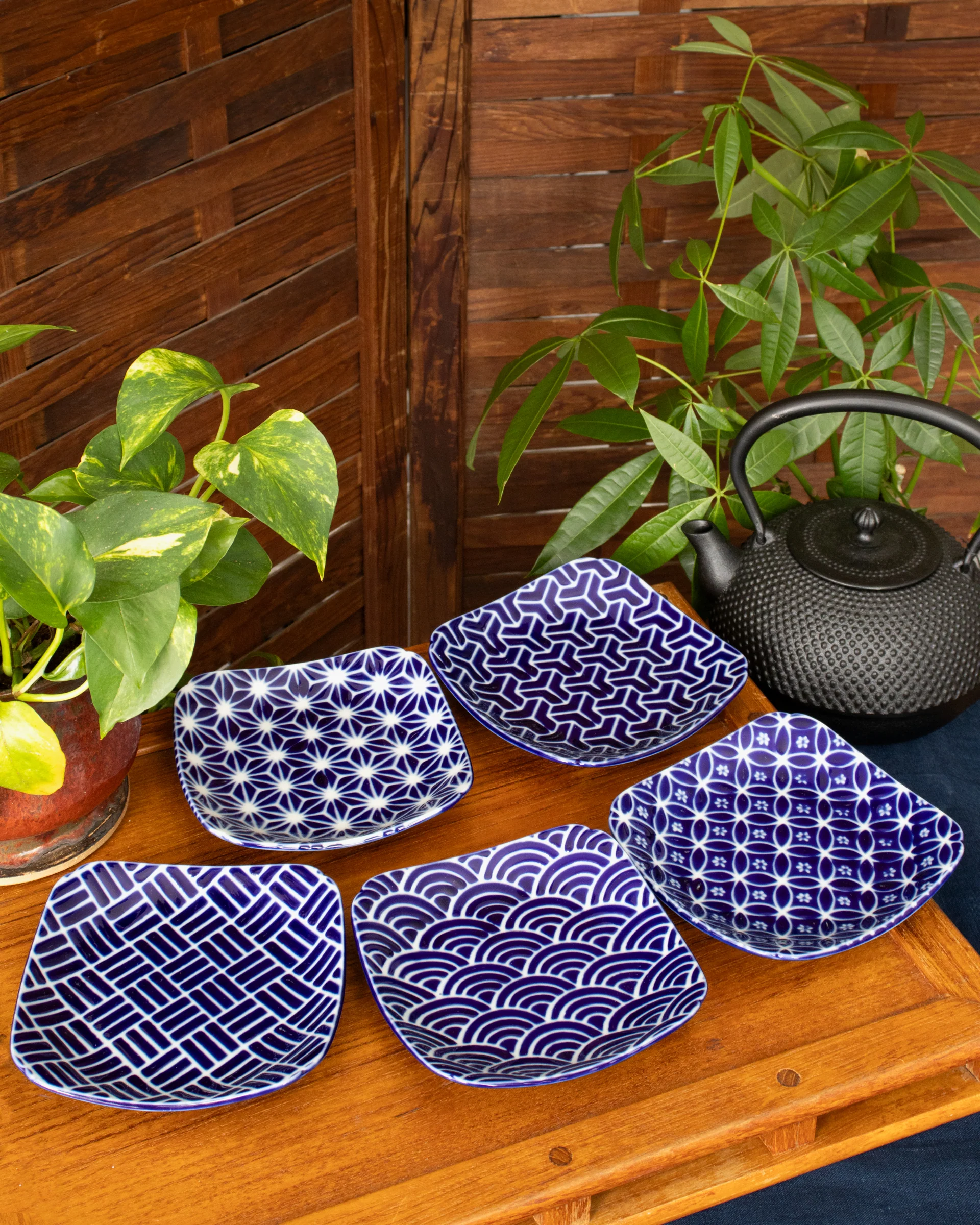 Plate, Ichiyama, Indigo Edo Komon, Large Square, Various Styles