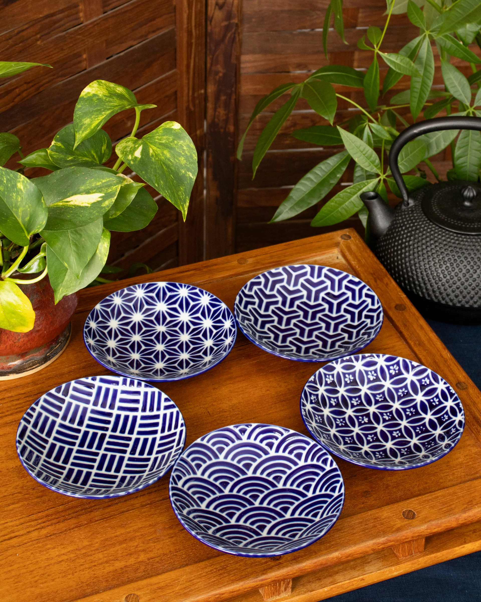 Plate, Ichiyama, Set of 5, Indigo Edo Komon, Large Round - Image 2
