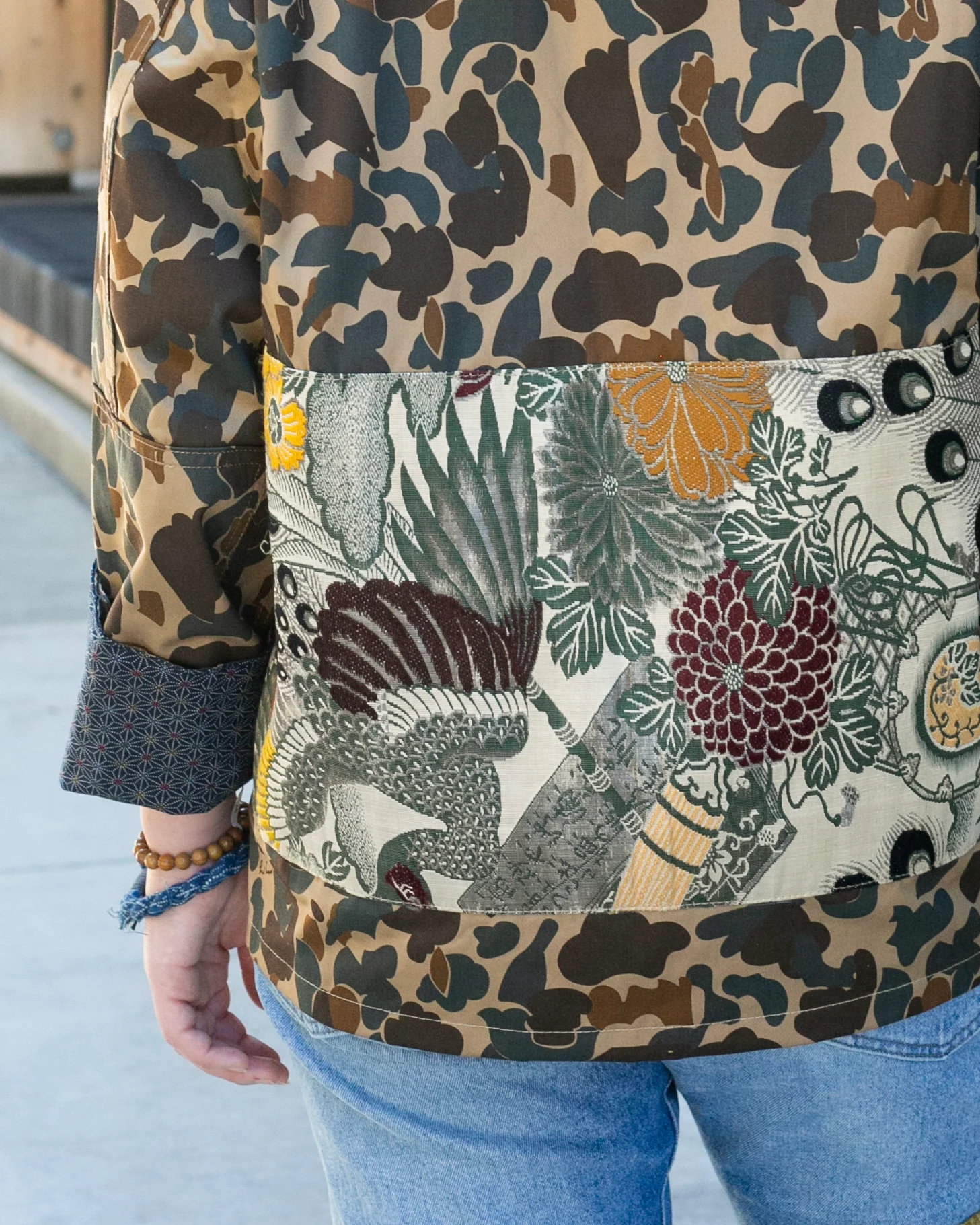 Kiriko Custom Military Jacket, Camo Patched, Obi Peacock #2 and Shima and Yellow Pockets Flaps - Image 2