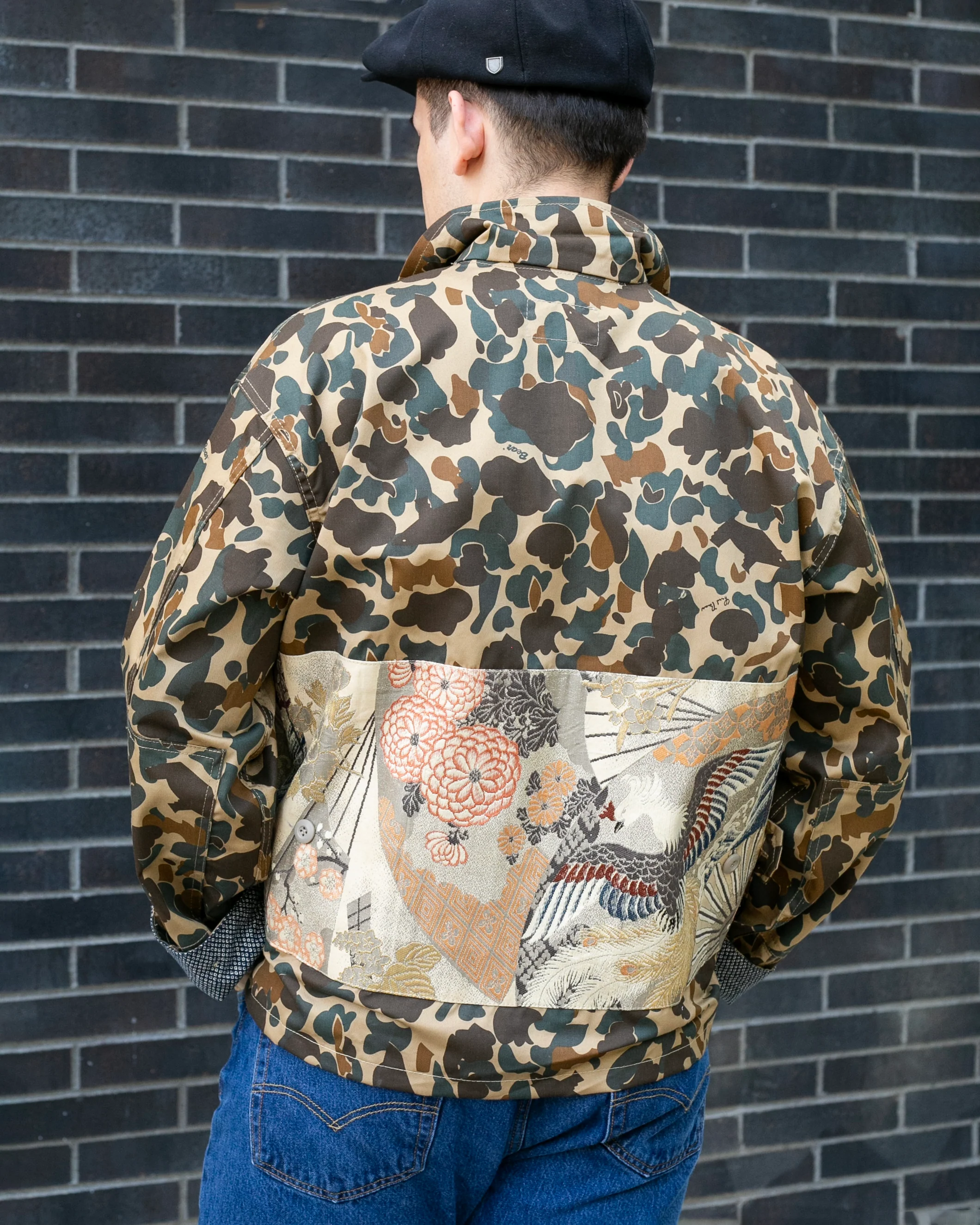 Kiriko Custom Military Jacket, Camo Patched, Obi Phoenix #2 with Indigo and Cream Kanzemiumon and Rust Pocket Flaps - Image 2