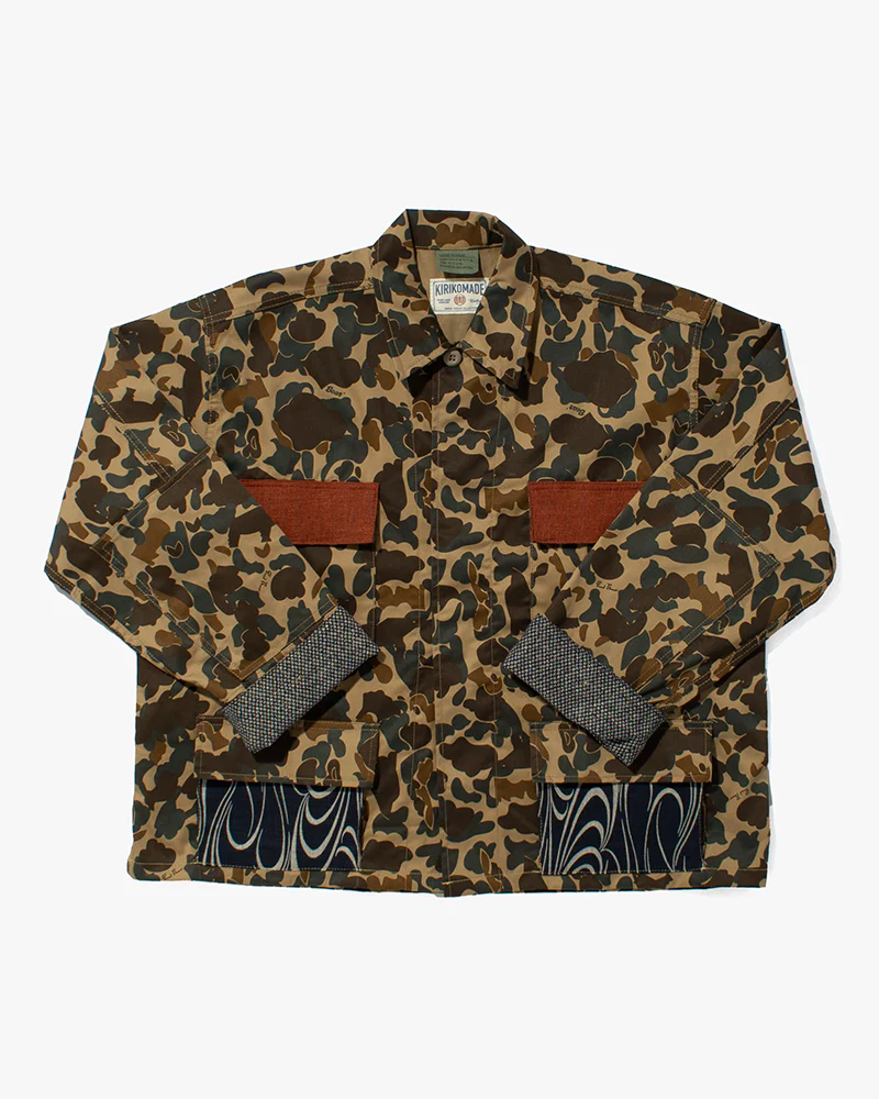 Kiriko Custom Military Jacket, Camo Patched, Obi Phoenix #2 with Indigo and Cream Kanzemiumon and Rust Pocket Flaps - Image 7