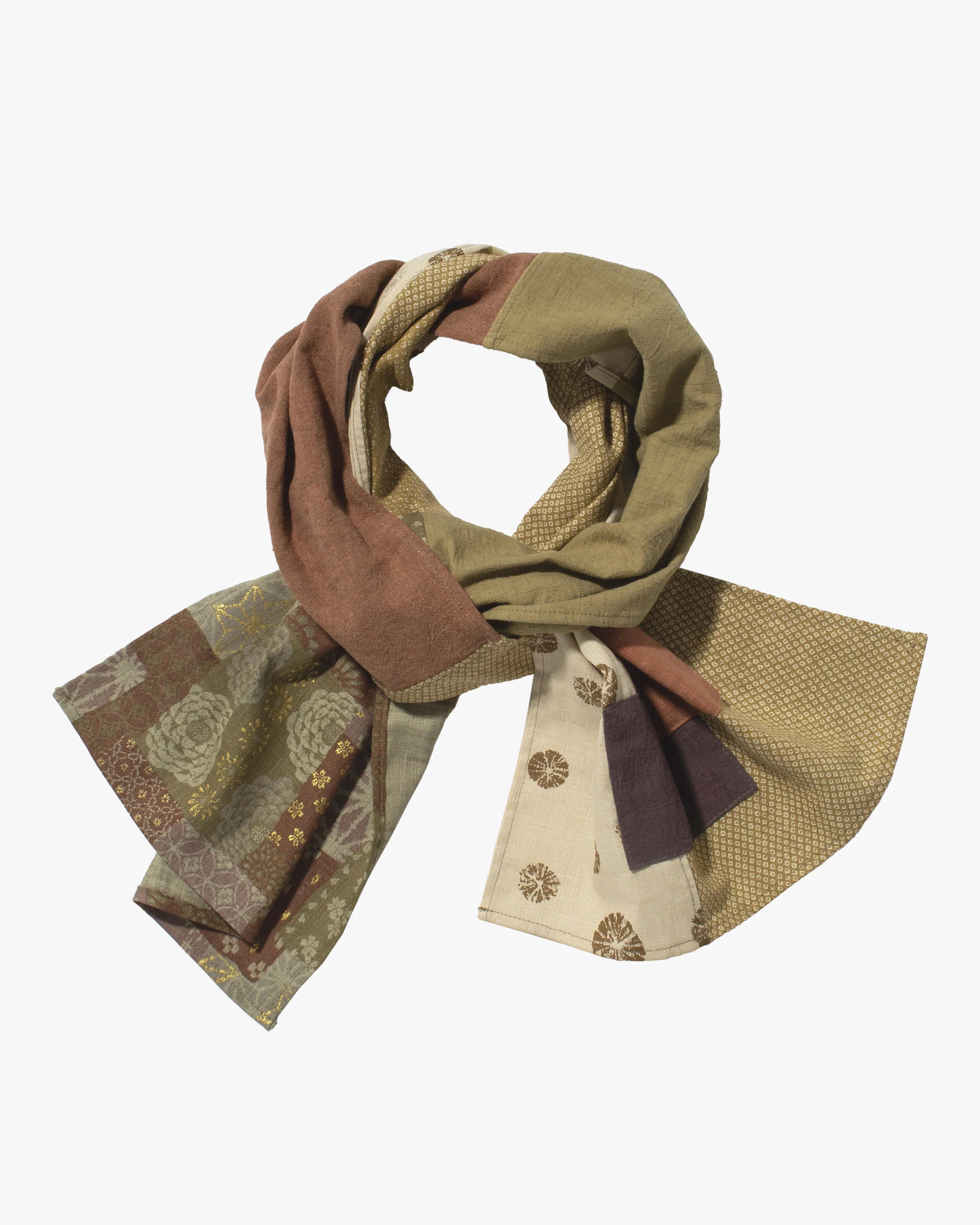 Kiriko Original Modern Patchwork Scarf, Azuki and Gold with Cream Kumo Shibori - Image 3