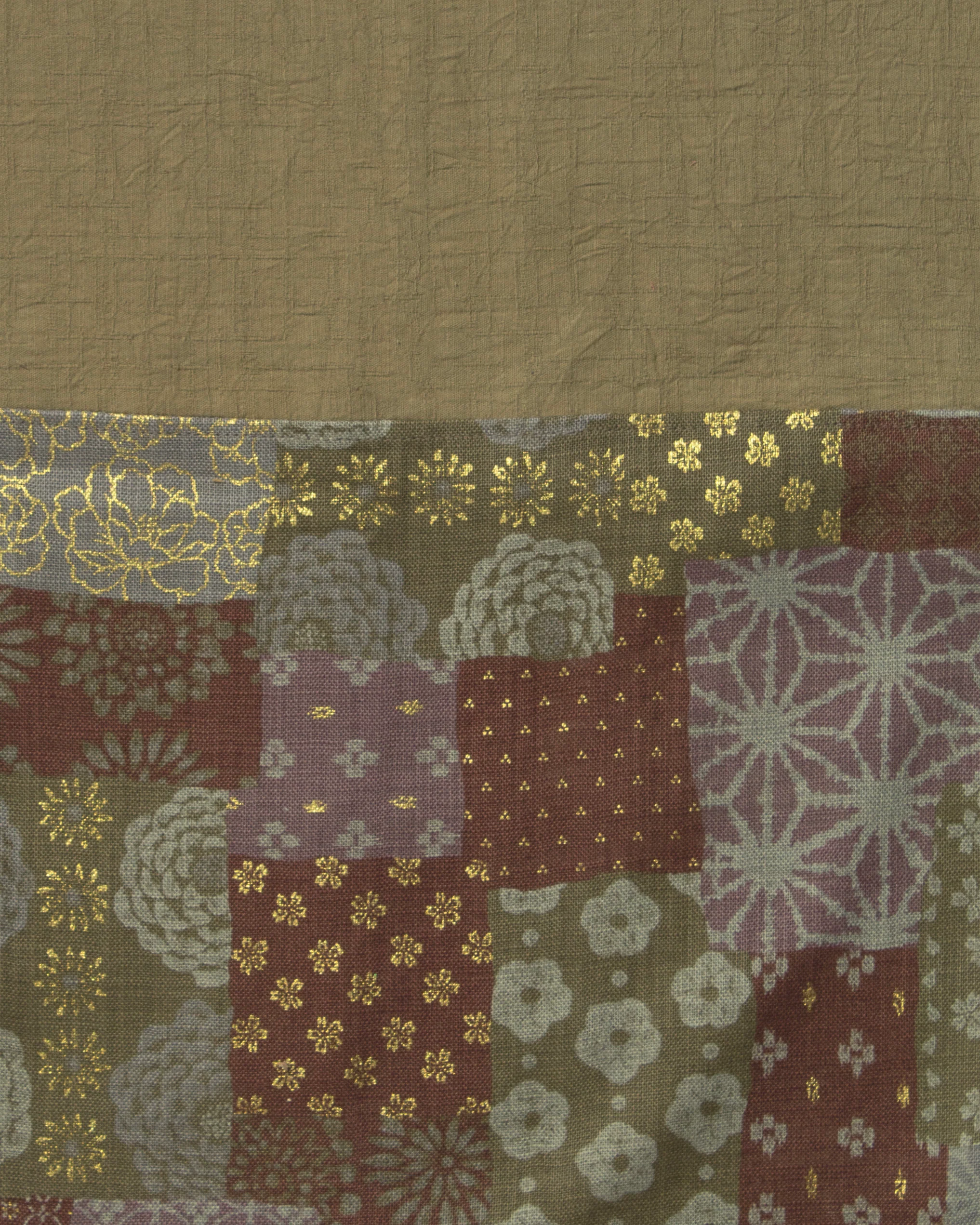 Kiriko Original Modern Patchwork Scarf, Azuki and Gold with Cream Kumo Shibori - Image 8