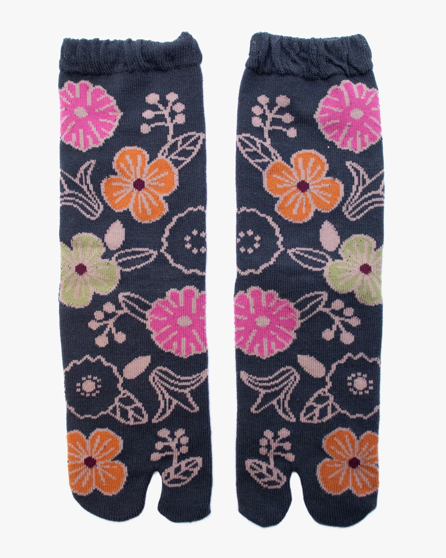 Kurochiku, Tabi Socks, Crew, Charcoal with Orange and Tan Flowers (S/M)