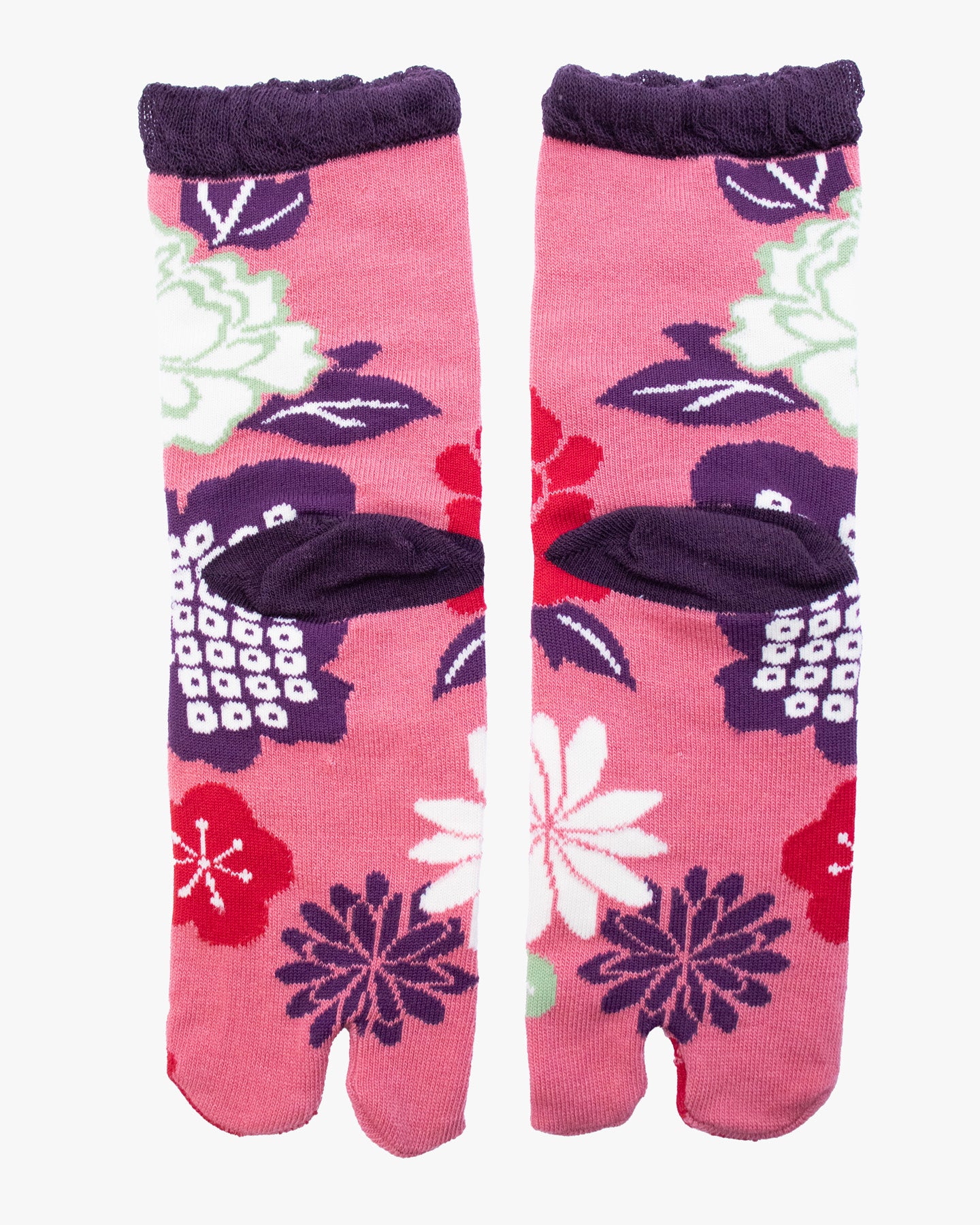 Kurochiku, Tabi Socks, Crew, Pink with Purple and White Flowers (S/M) - Image 2
