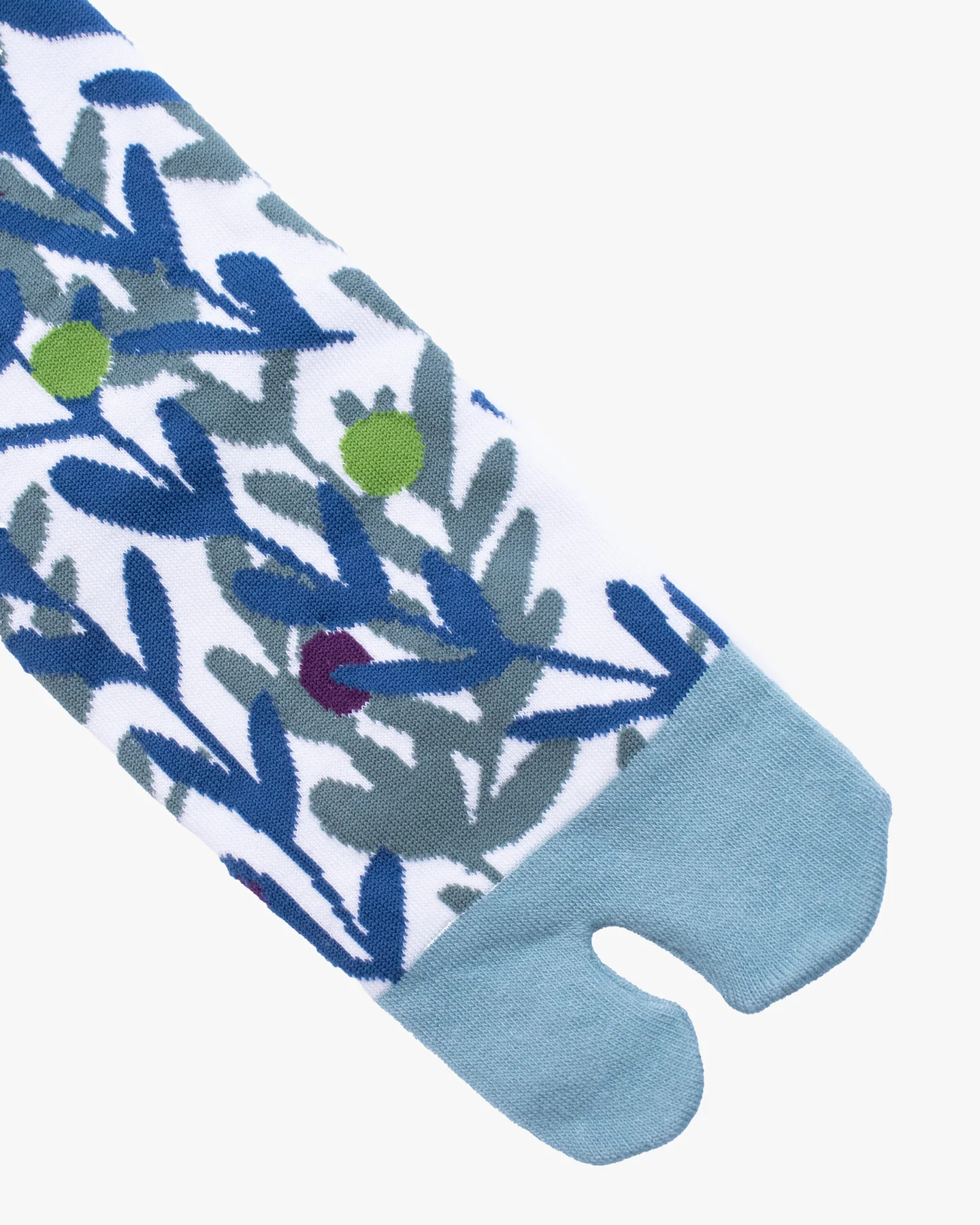 Kurochiku, Tabi Socks, Crew, White with Blue and Teal Leaves (S/M) - Image 2