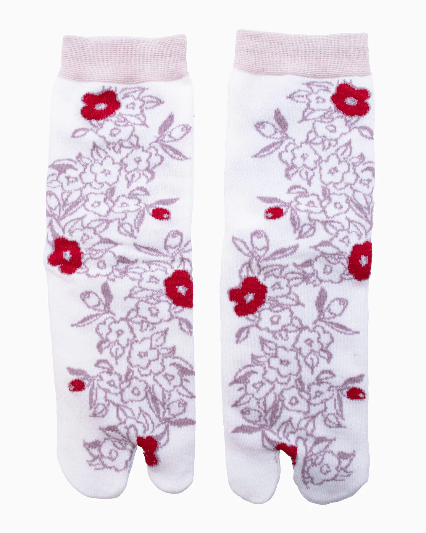 Kurochiku, Tabi Socks, Crew, White with Purple and Red Flowers (S/M)
