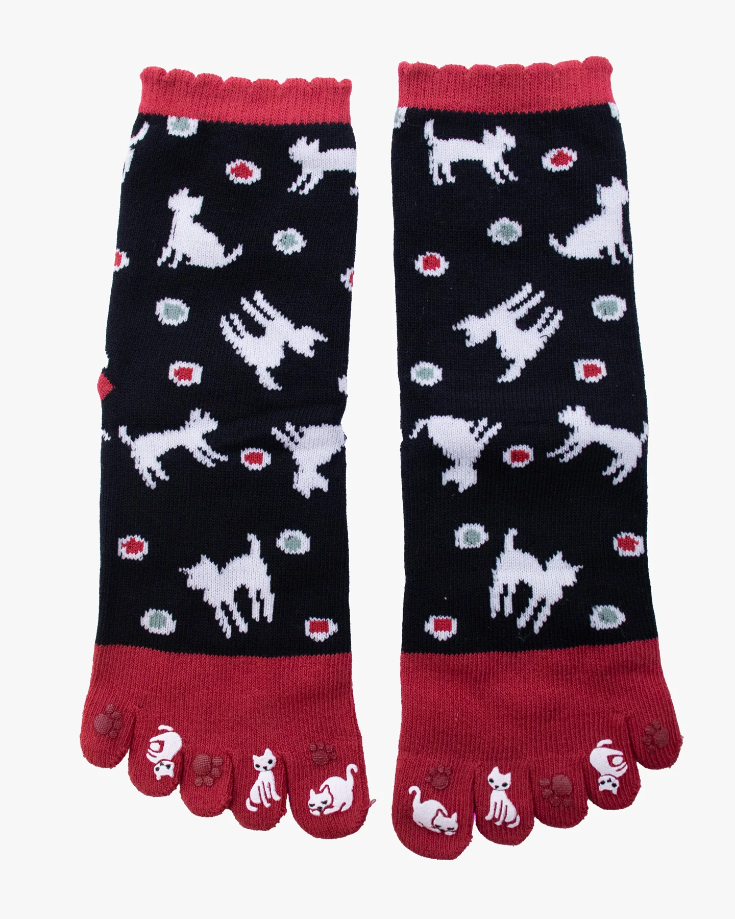 Kurochiku, Toe Socks, Crew, Red and Black with Cats (S/M)