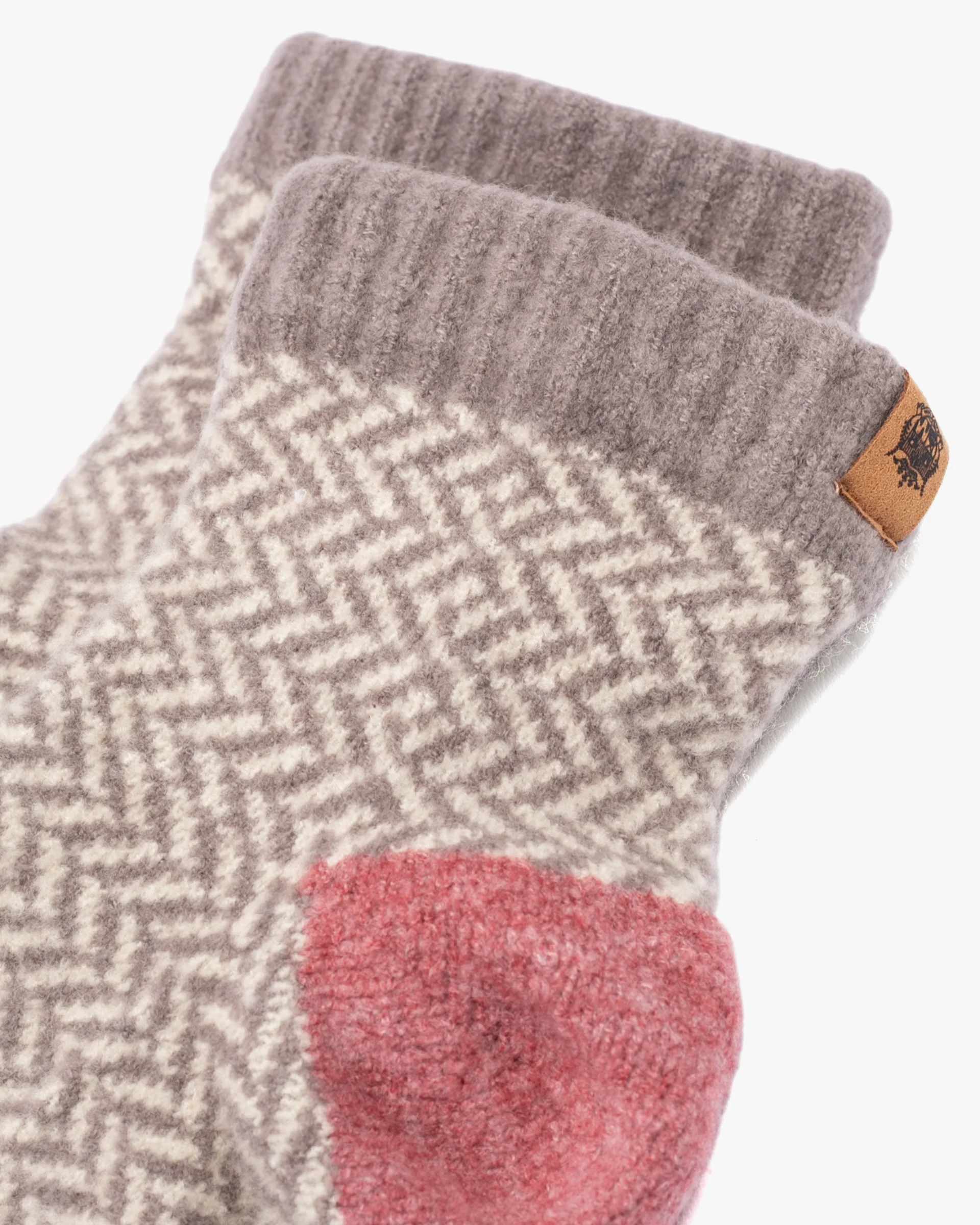 Room Socks, Bisque, Tehtava, Pink and Grey Herringbone - Image 2