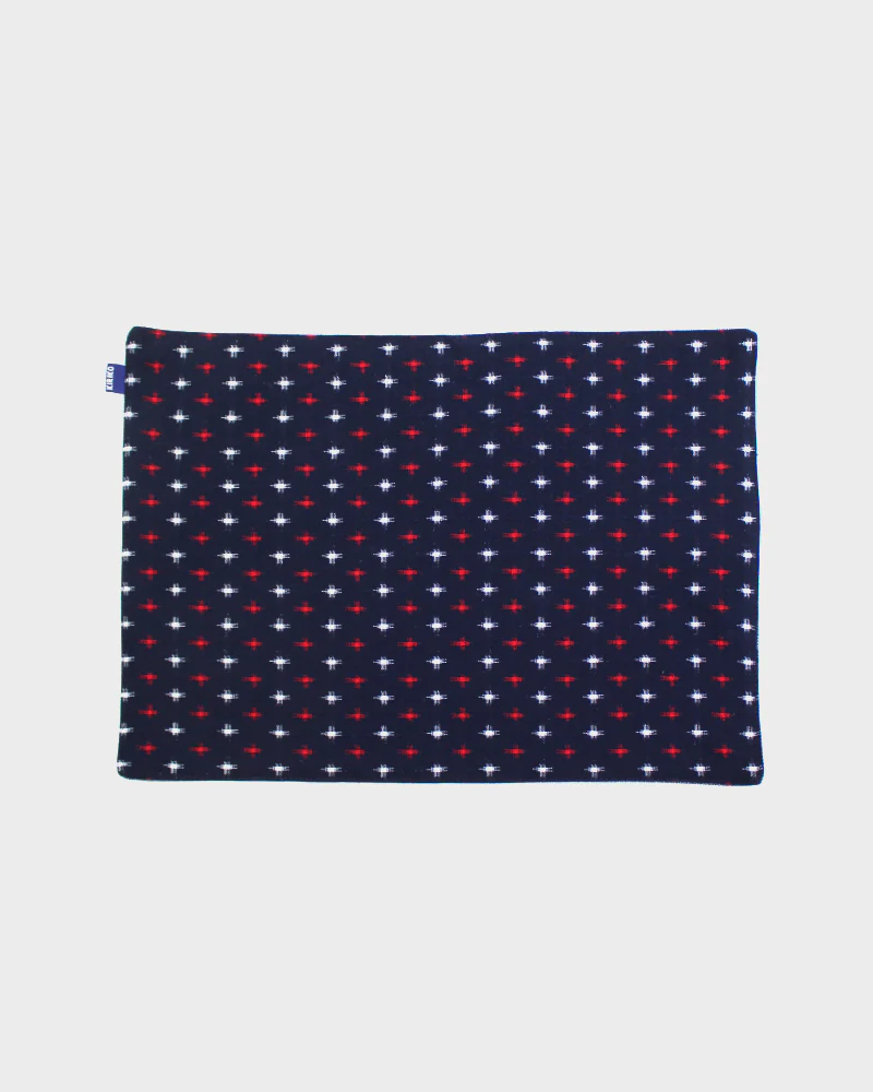Kiriko Original Table Mat, Kasuri-Ori Indigo with White and Red Jyuji