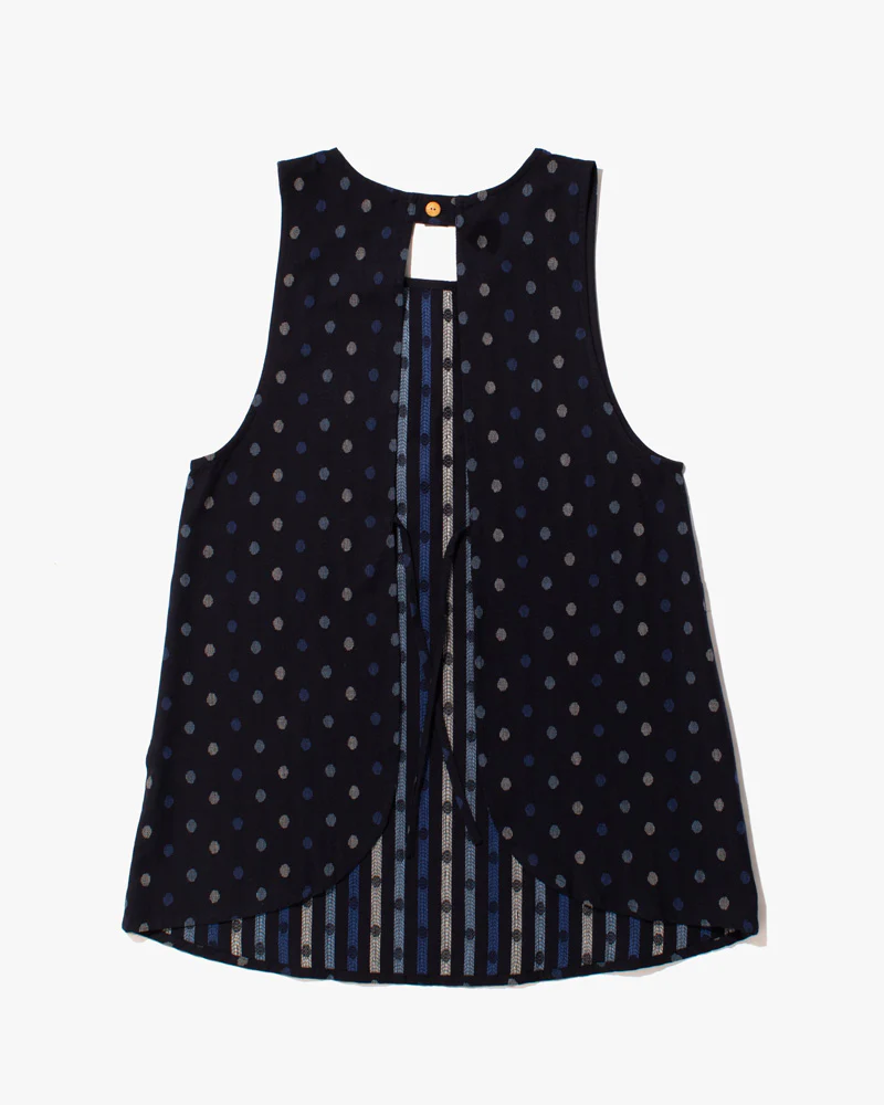 ToK Japanese Apron, Pocket, Indigo with Multi-Blue Polka Dots - Image 5