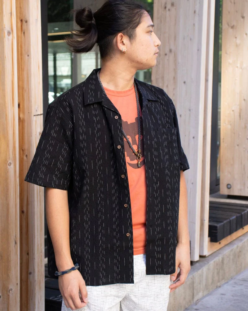 ToK Shirt, Short Sleeve Button-Up, Open Collar, Black Faded Shima - Image 3