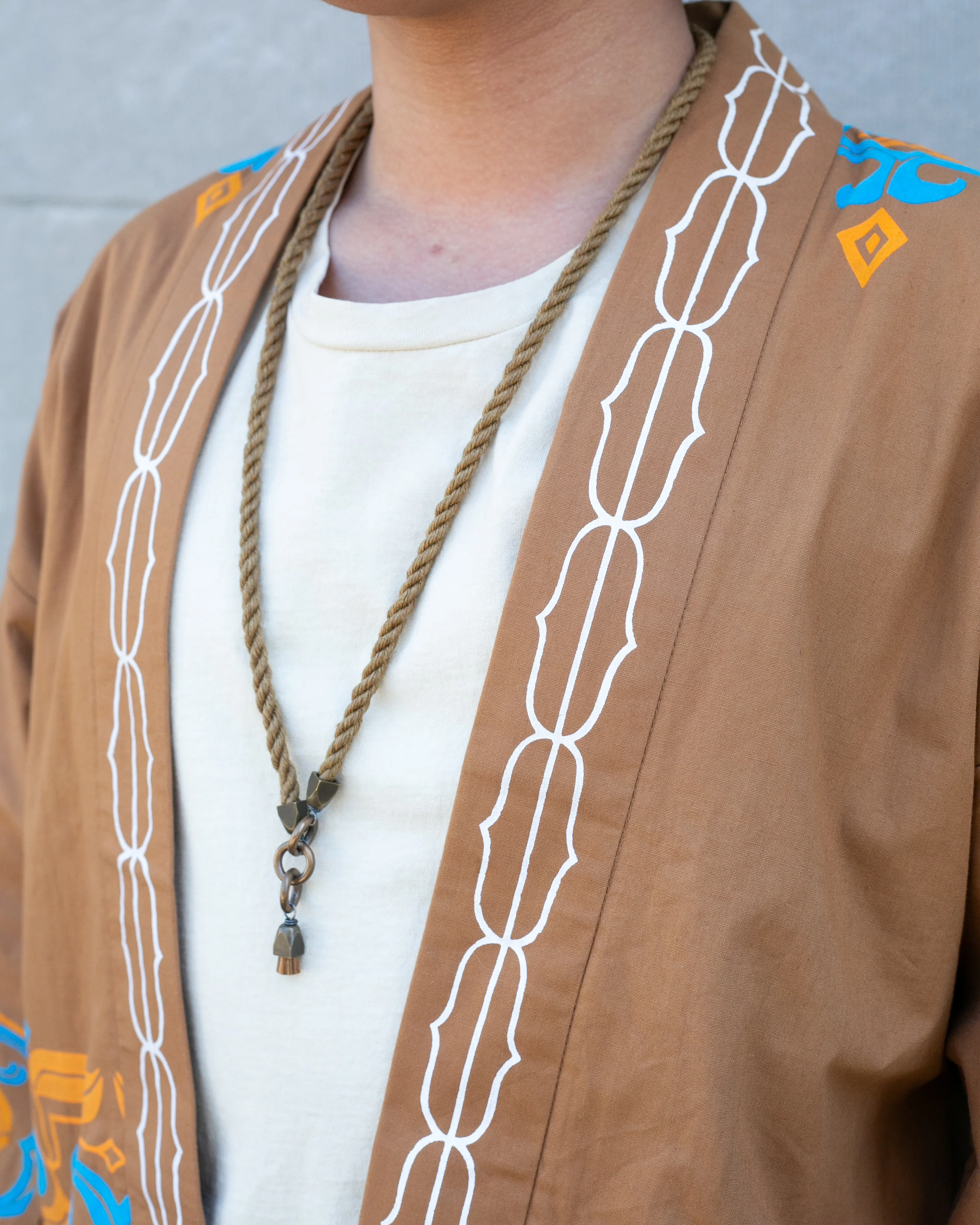Vintage Ainu Jacket, Short, Light Brown with Teal and Orange Patterns - Image 6