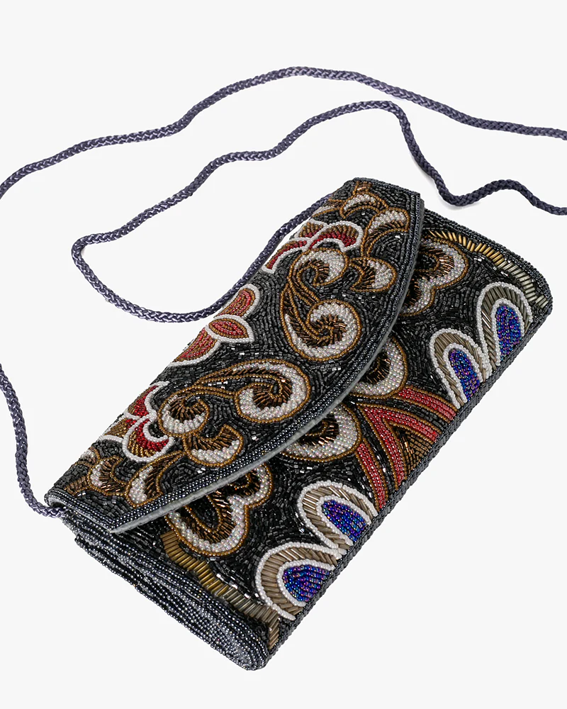 Vintage Bag, Clutch, Beaded, Black with Multicolor Floral Pattern - Image 3