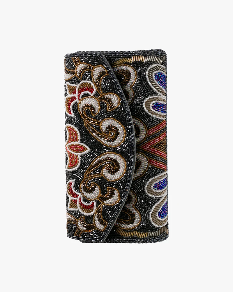 Vintage Bag, Clutch, Beaded, Black with Multicolor Floral Pattern - Image 4