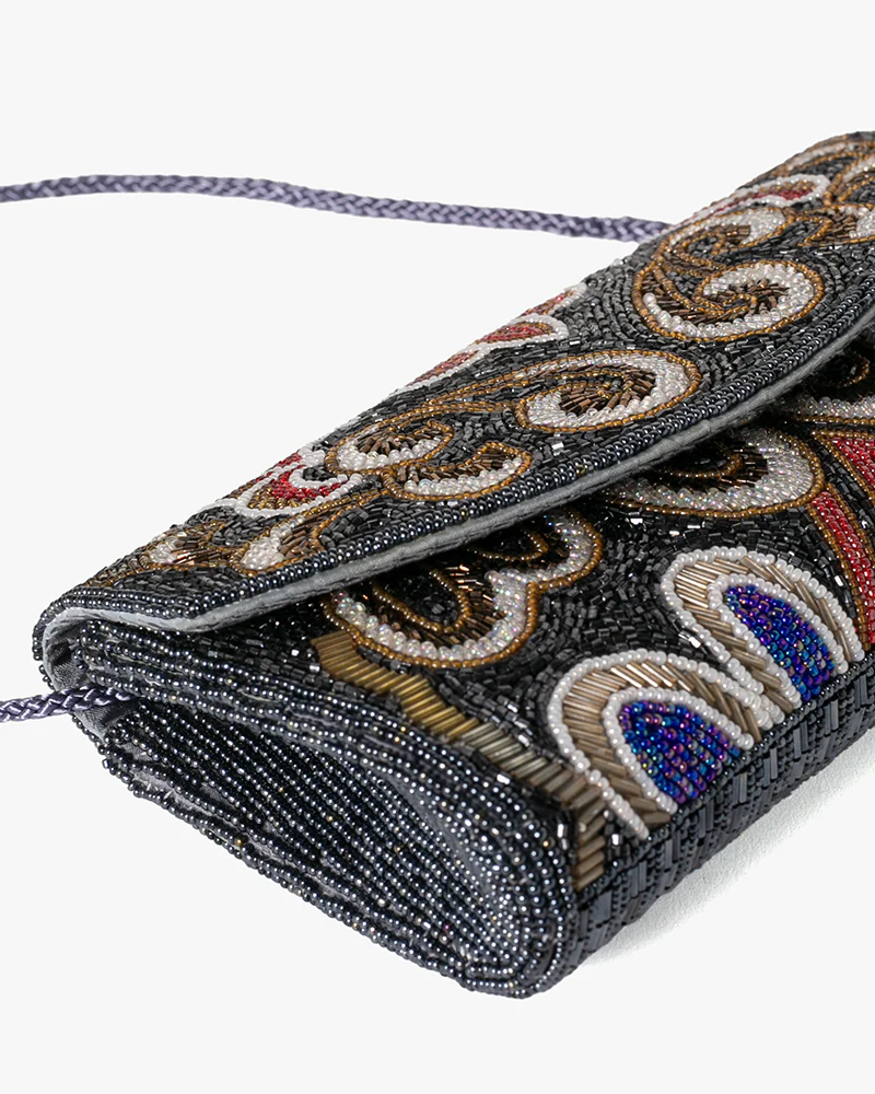 Vintage Bag, Clutch, Beaded, Black with Multicolor Floral Pattern - Image 7