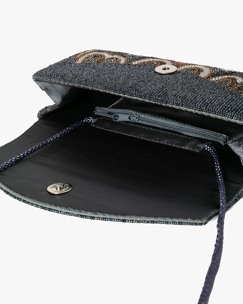 Vintage Bag, Clutch, Beaded, Black with Multicolor Floral Pattern - Image 9