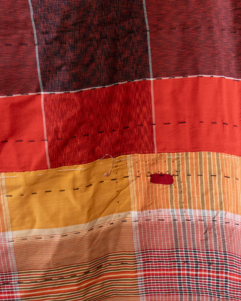 Vintage Boro Blanket, Red Plaid with Green and Yellow Accents - Image 3