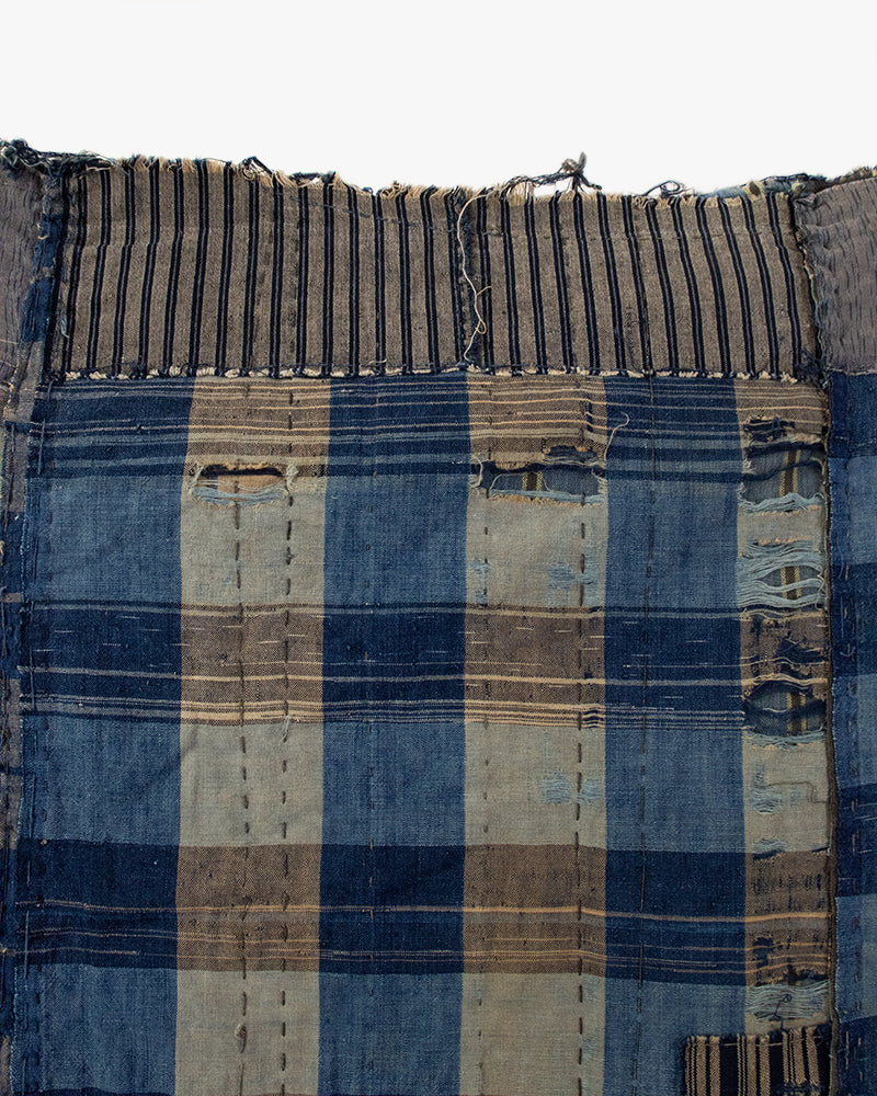 Vintage Boro Blanket, Tan and Blue Shima with Patches - Image 3