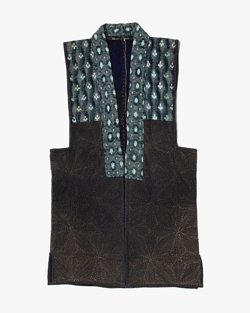 Vintage Boro Vest, Fully Sashiko Stitched, Indigo Tatewaku and Asanoha