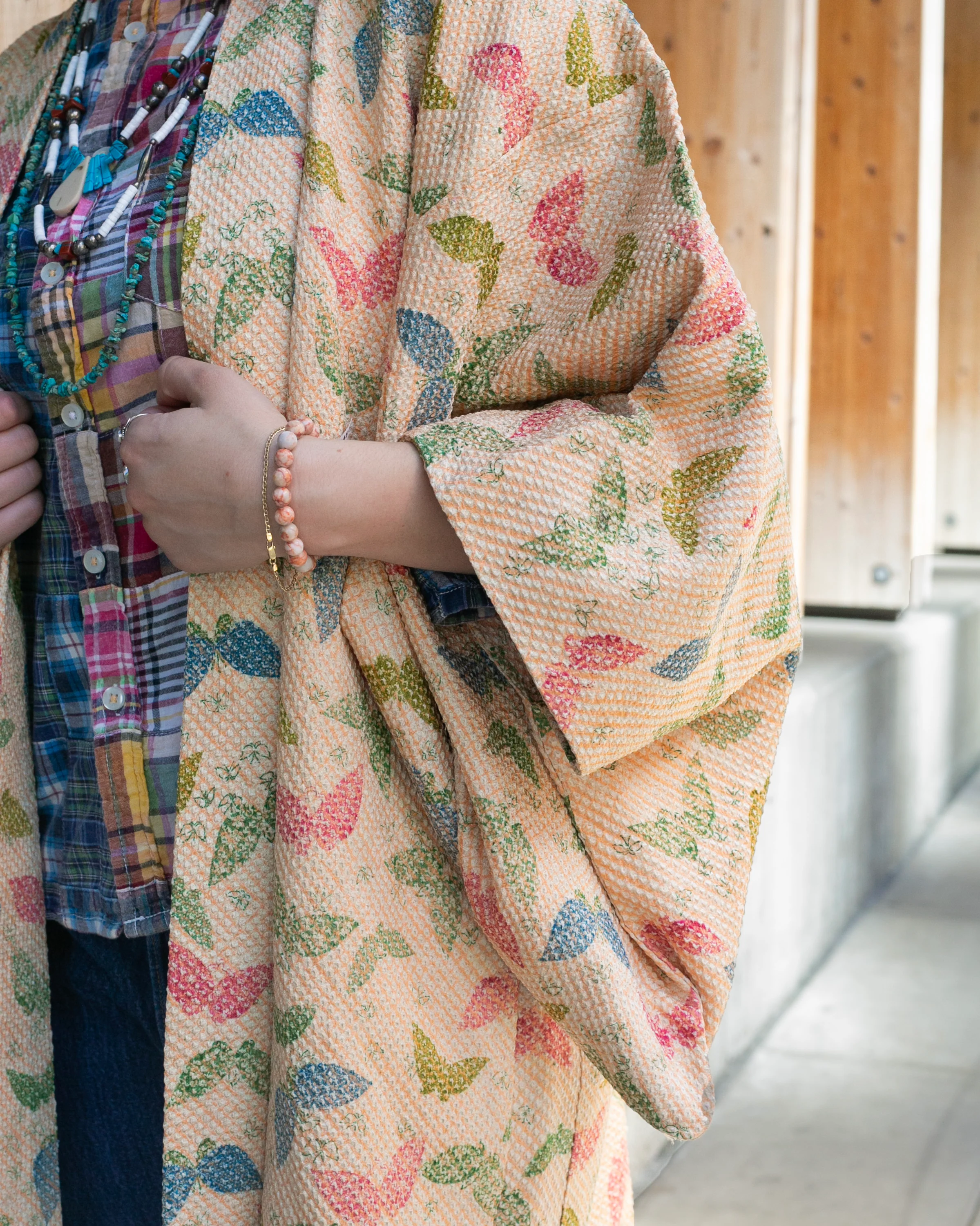 Vintage Haori Jacket, Full Shibori, Beige with Colorful Butterflies - Image 4