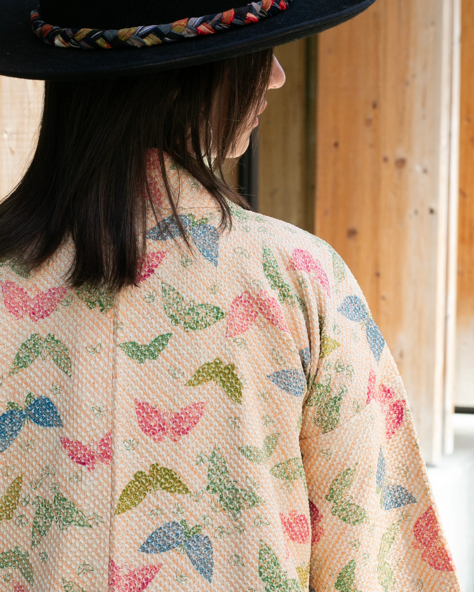 Vintage Haori Jacket, Full Shibori, Beige with Colorful Butterflies - Image 5