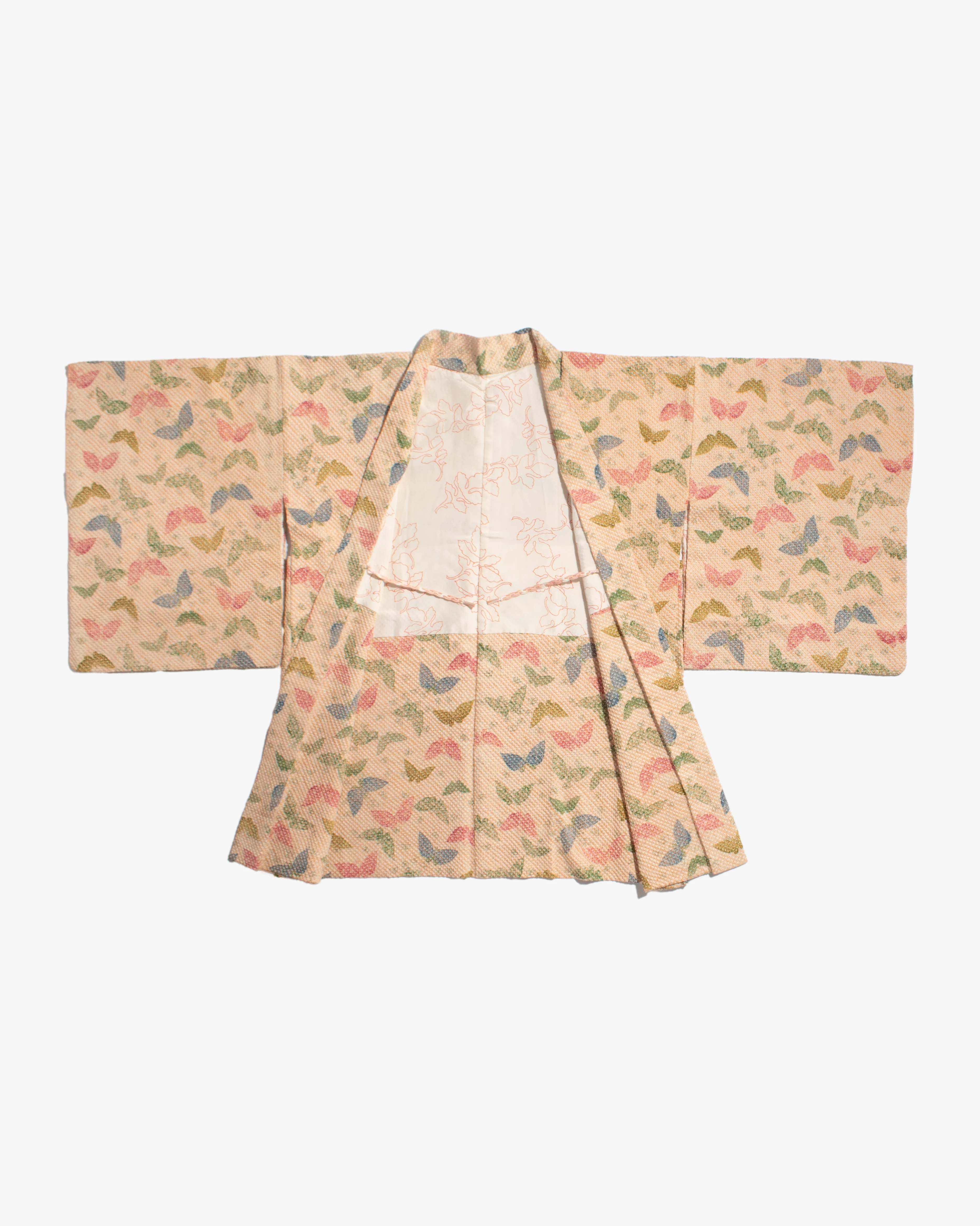 Vintage Haori Jacket, Full Shibori, Beige with Colorful Butterflies - Image 7