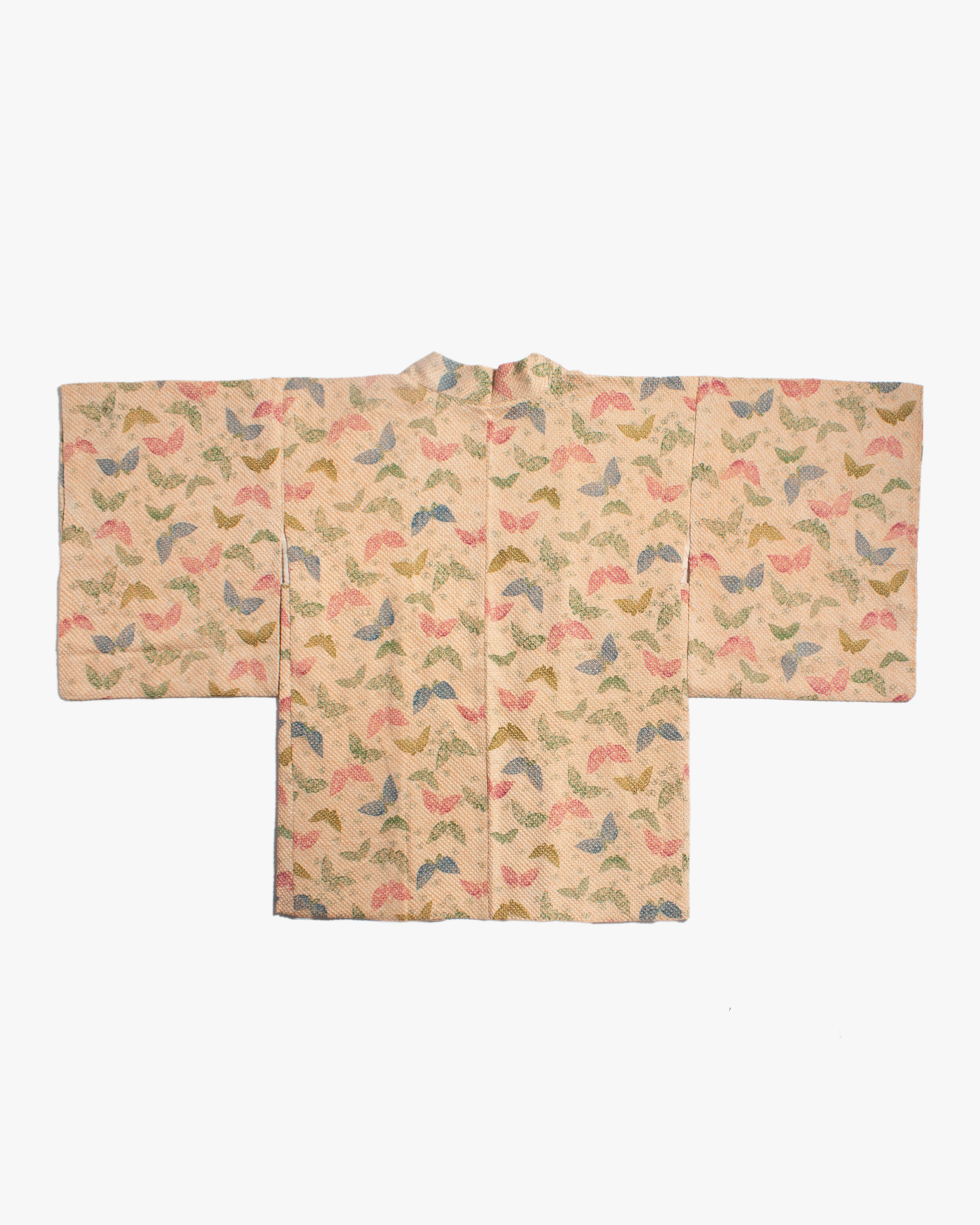 Vintage Haori Jacket, Full Shibori, Beige with Colorful Butterflies - Image 9