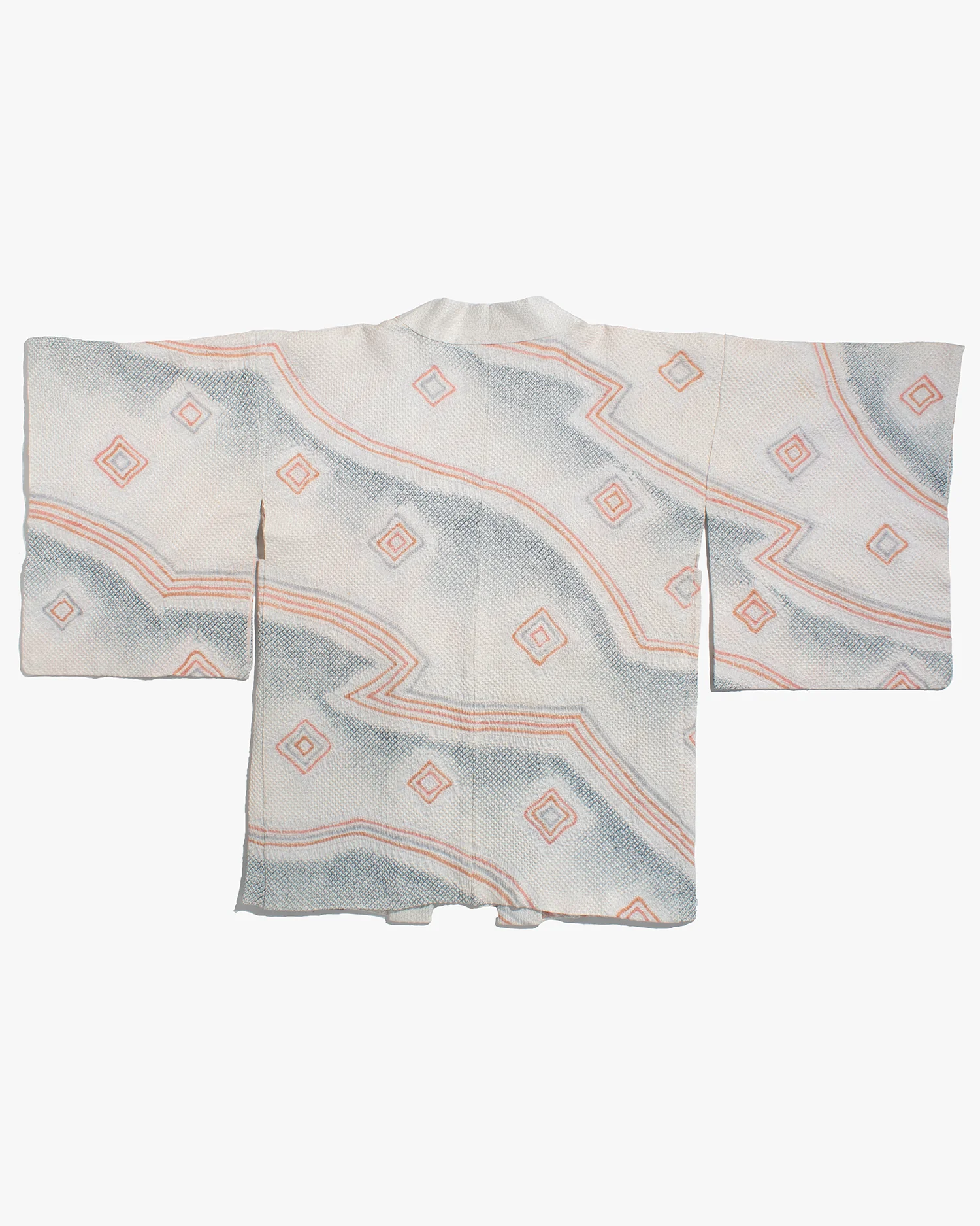 Vintage Haori Jacket, Full Shibori, Pale Blue with Abstract Orange Triangles - Image 4