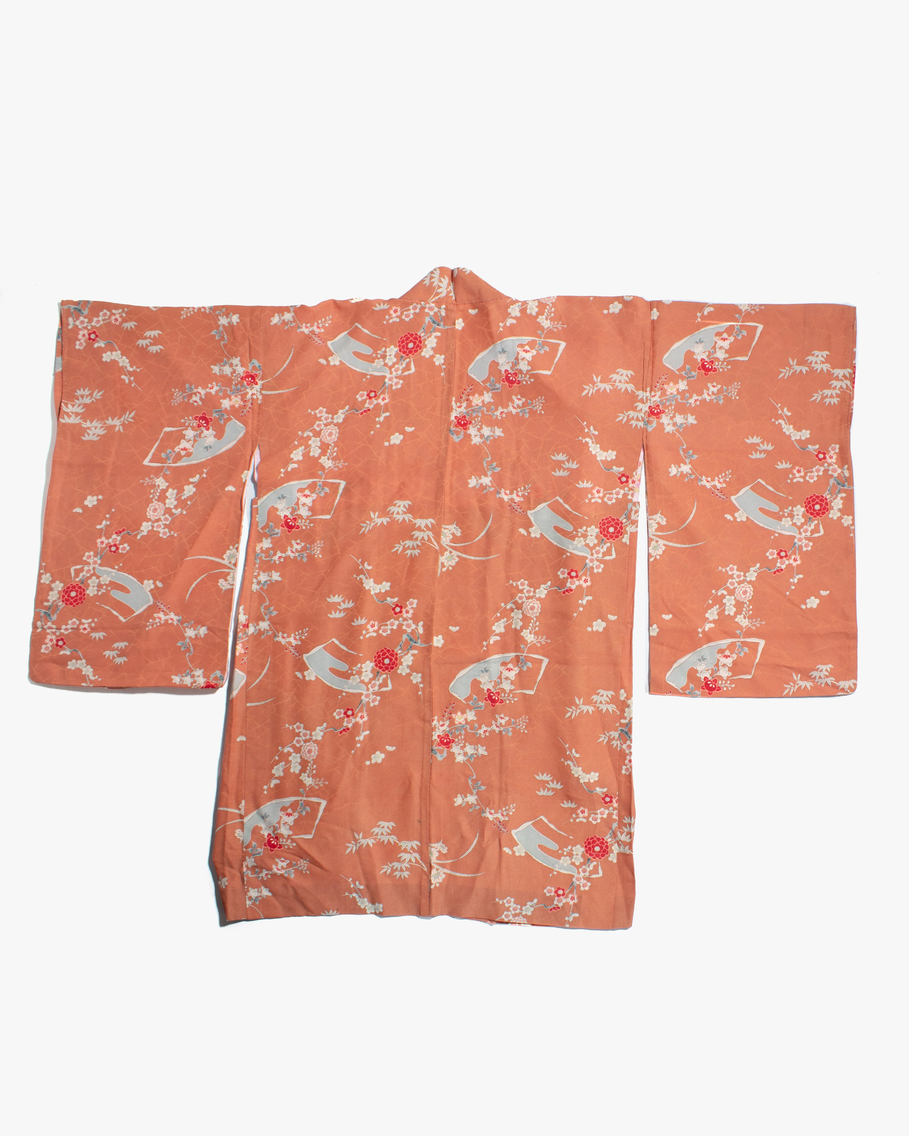Vintage Haori Jacket, Orange with Floral and Greenery - Image 5