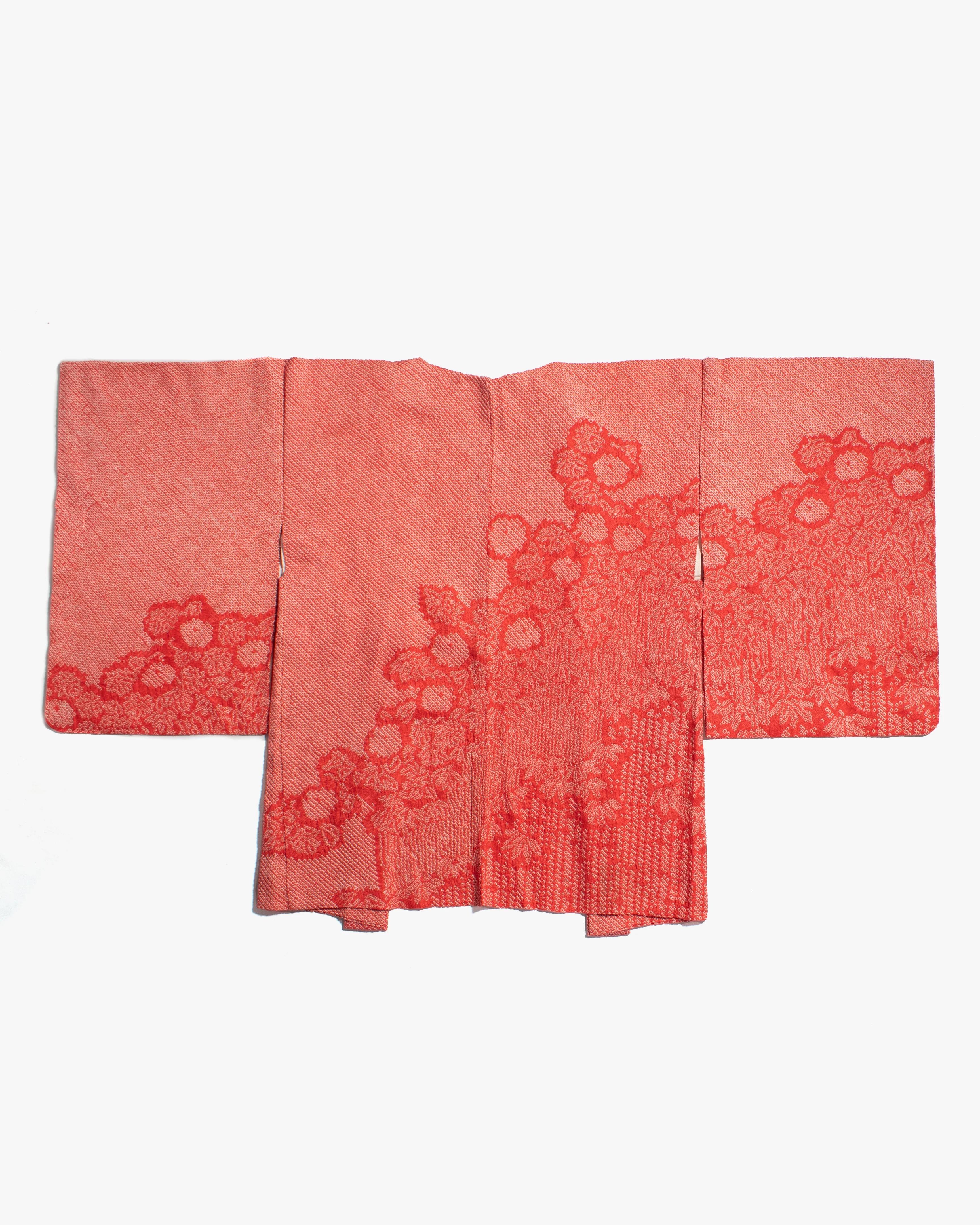 Vintage Haori Jacket, Full Shibori, Salmon with Floral Detail - Image 4