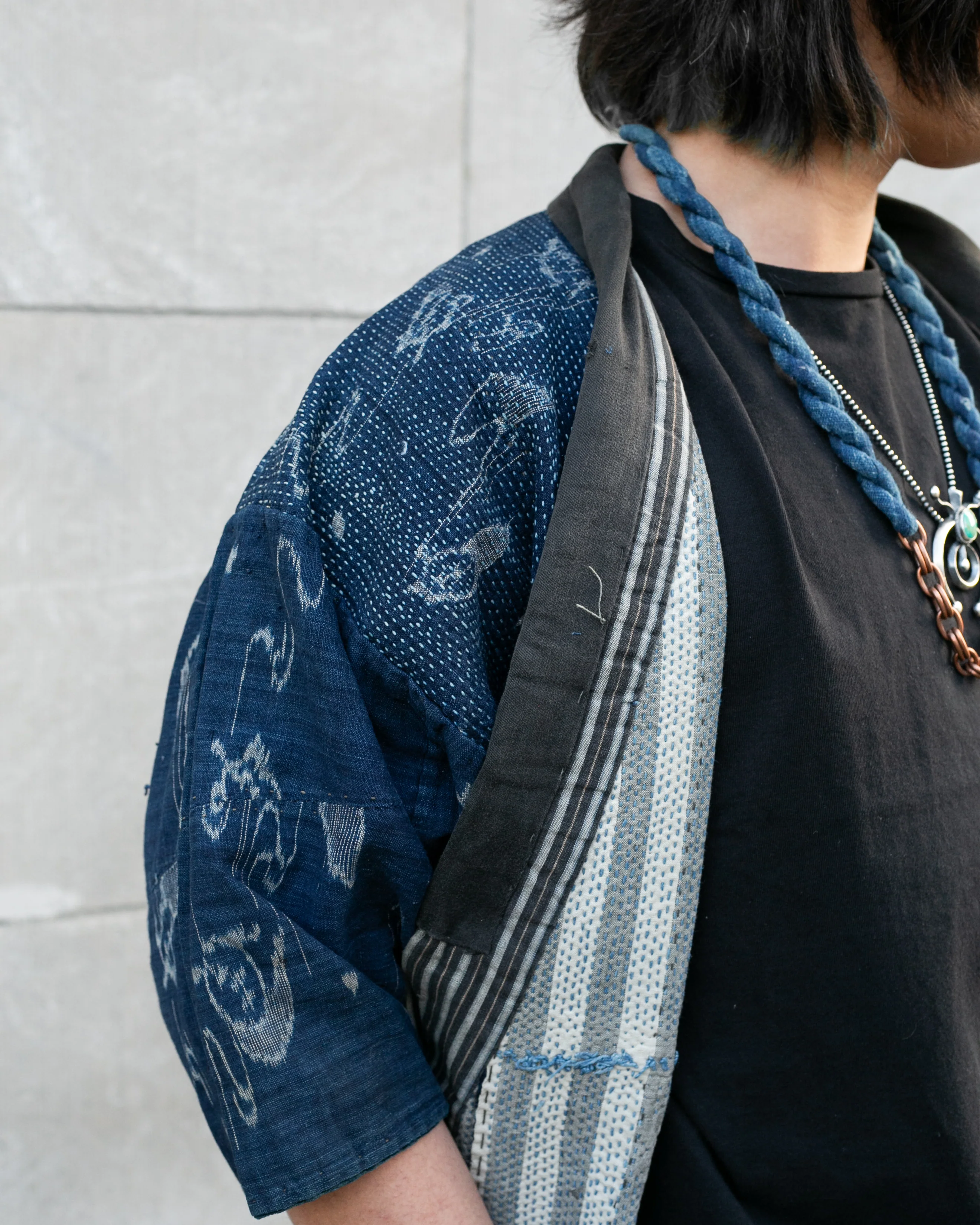 Vintage Boro Noragi Jacket, Indigo Kasuri, Partially Sashiko Stitched - Image 3