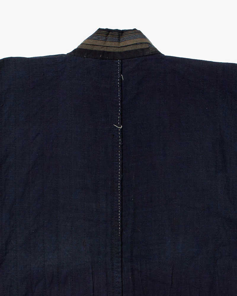 Vintage Noragi Jacket, Partially Sashiko Stitched, Indigo with Blue and Gray Stripes - Image 12