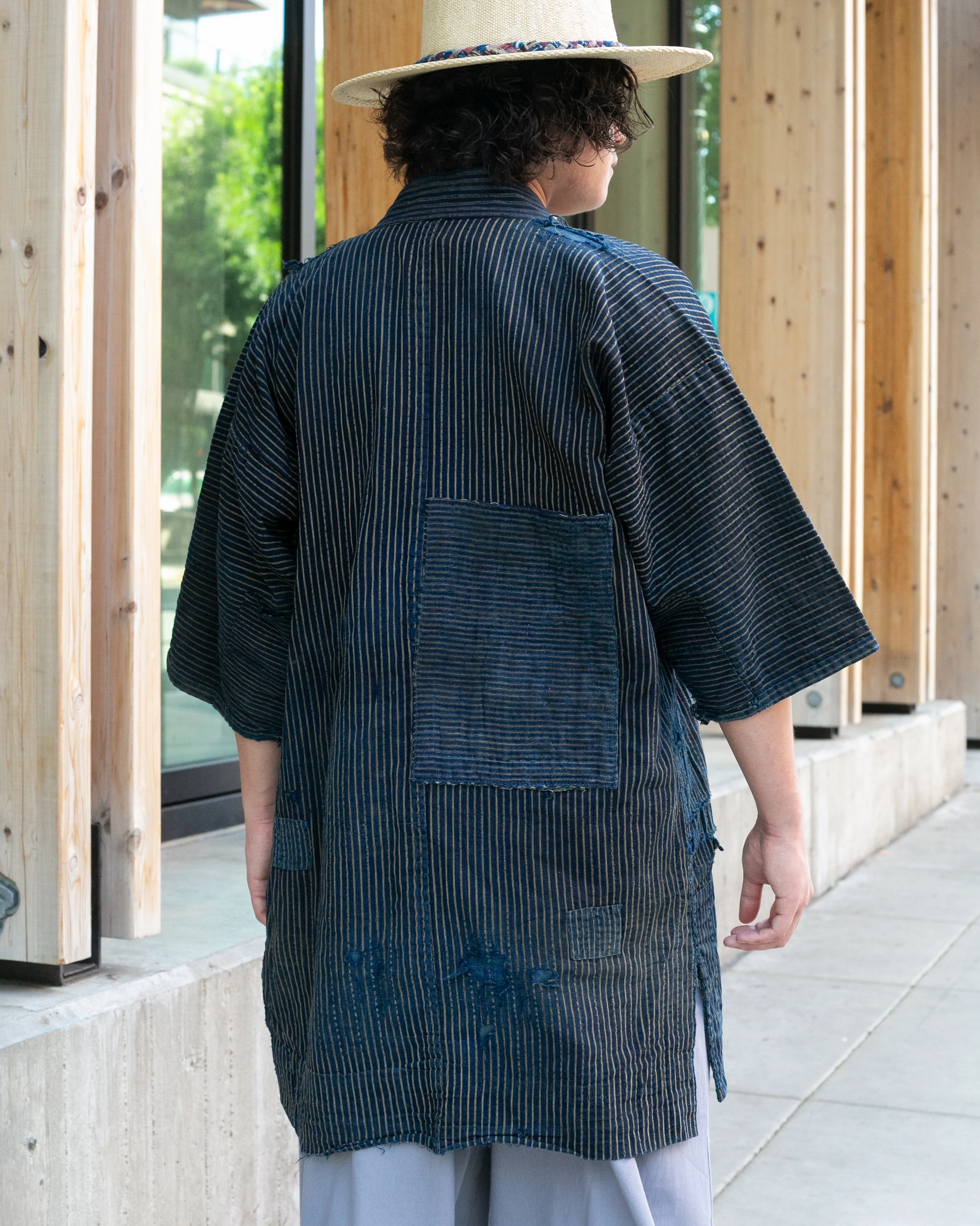 Vintage Noragi Jacket, Patched, Indigo with Stripes - Image 2