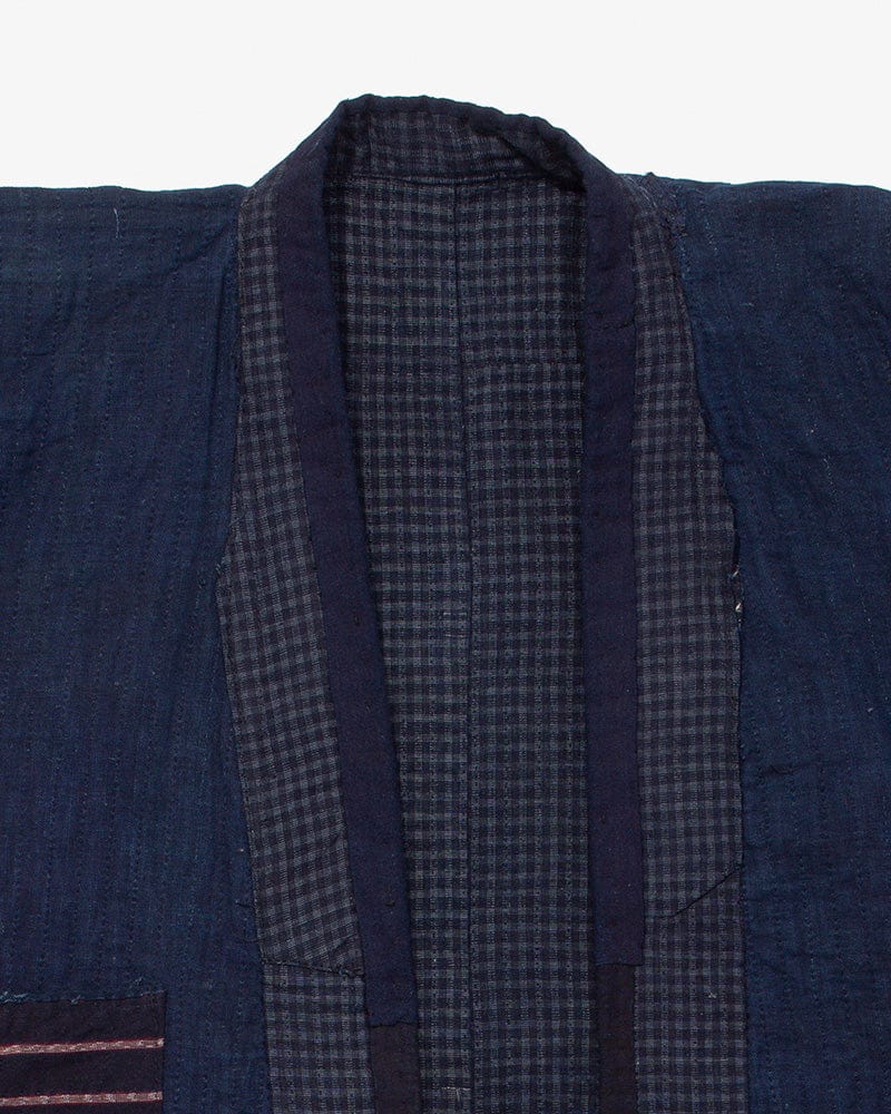 Vintage Noragi Jacket, Altered, Reversible Boro, Sashiko Stitched, Indigo and Yellow Grid - Image 15